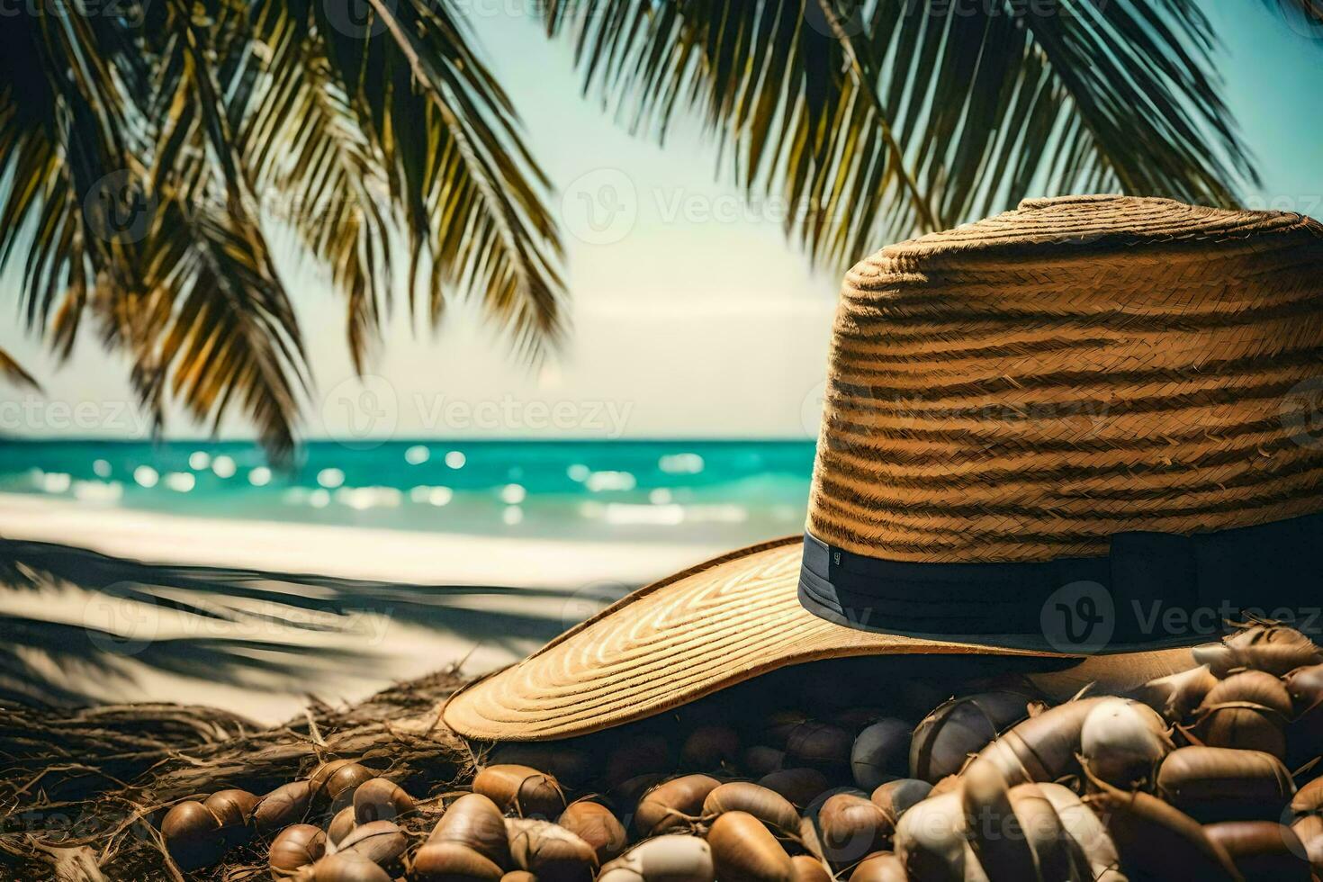 un' cannuccia cappello su il spiaggia. ai-generato foto