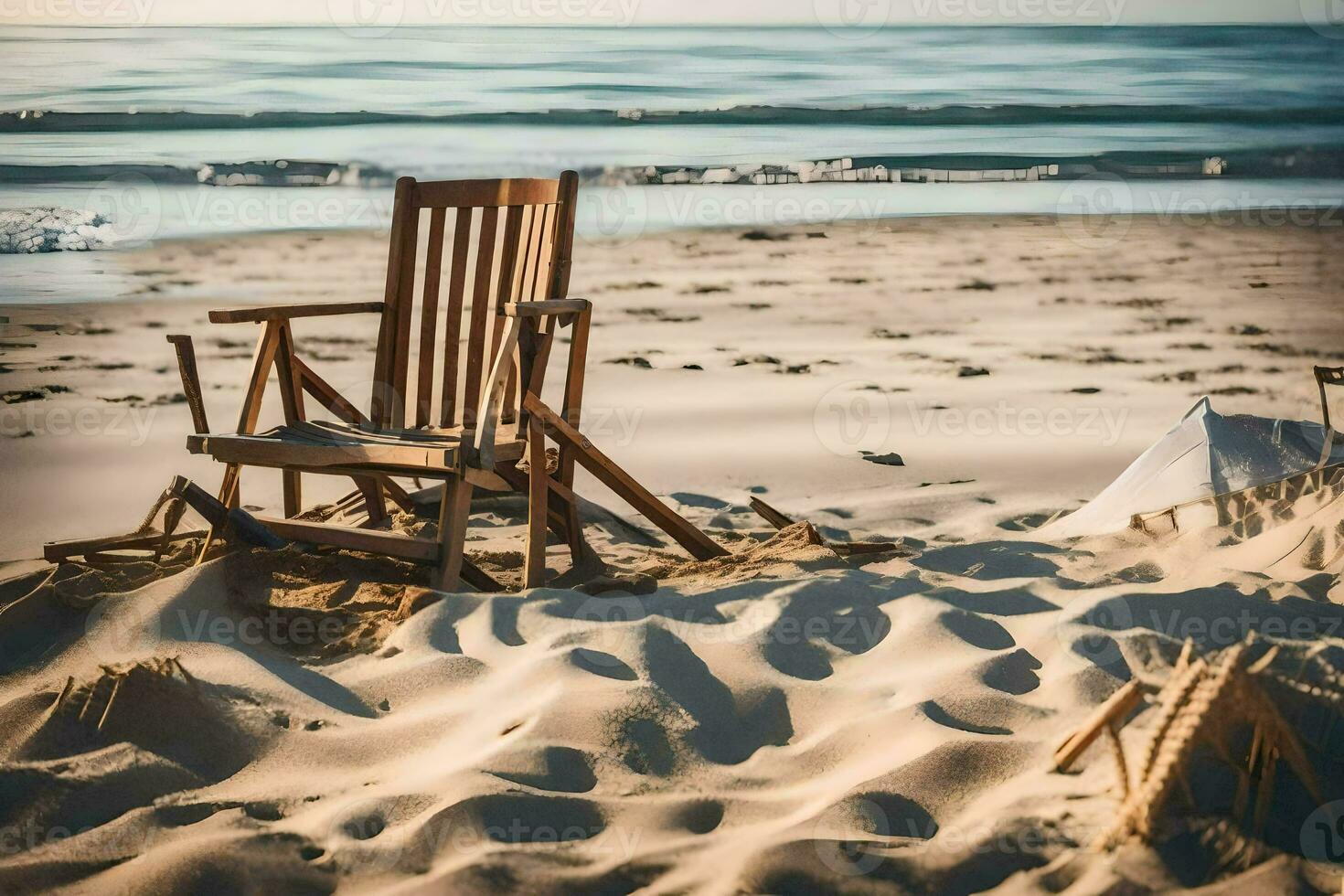 un' spiaggia sedia e ombrello su il sabbia. ai-generato foto
