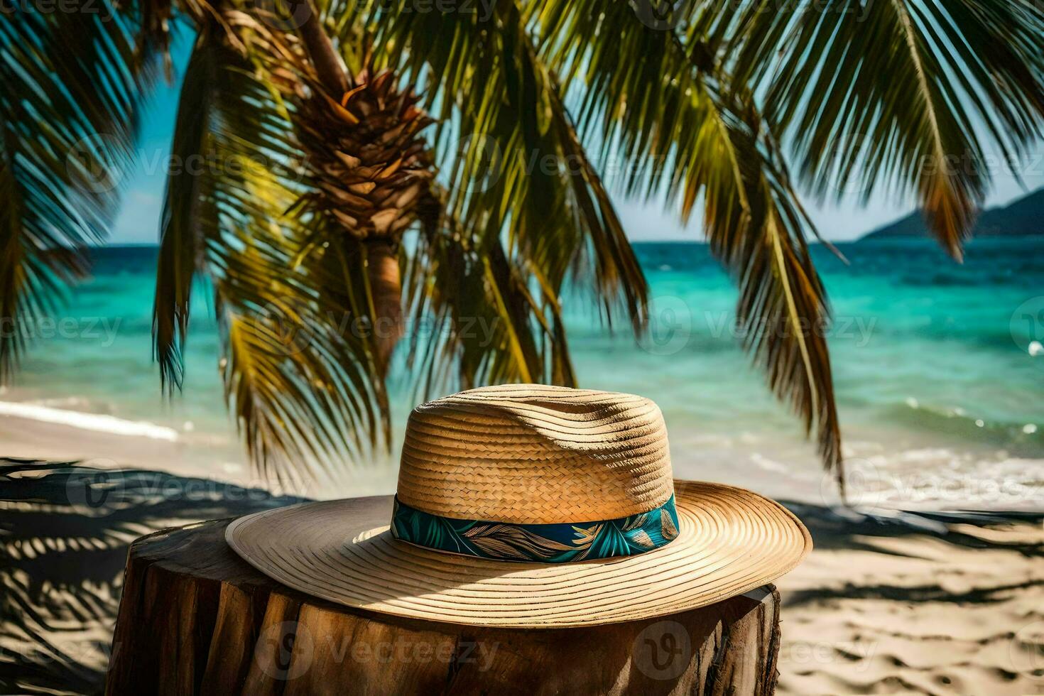 un' cappello si siede su un' ceppo vicino il oceano. ai-generato foto