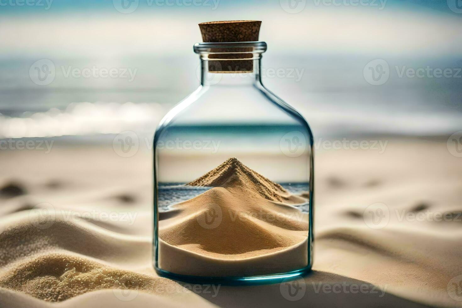 un' bottiglia con sabbia e un' piramide dentro. ai-generato foto