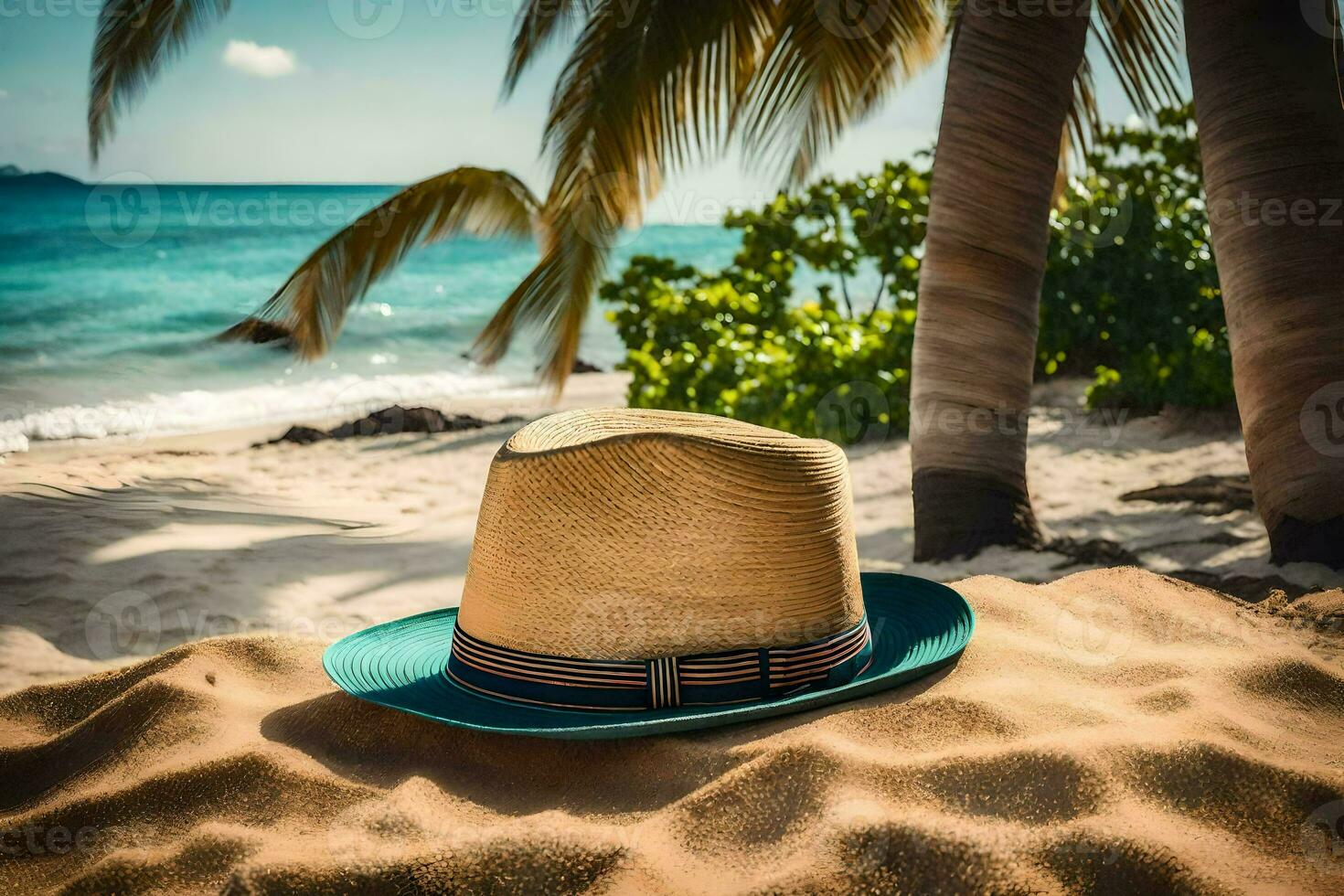 un' cappello su il spiaggia. ai-generato foto