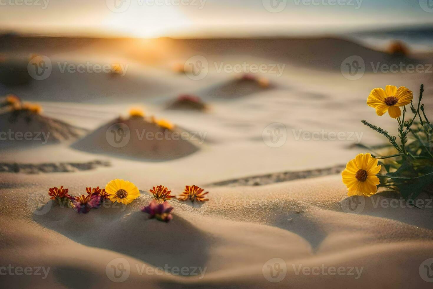 il deserto fiori siamo nel il sabbia a tramonto. ai-generato foto