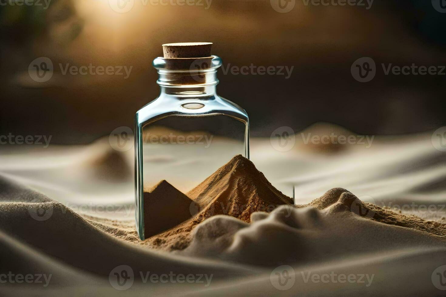 un' bottiglia di sabbia con un' piramide nel il mezzo. ai-generato foto