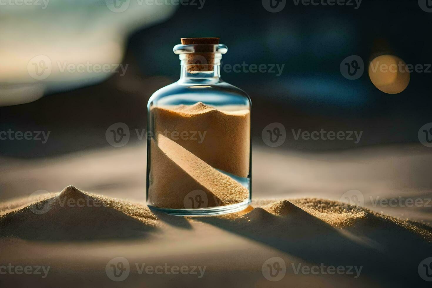un' bottiglia di sabbia nel il deserto. ai-generato foto