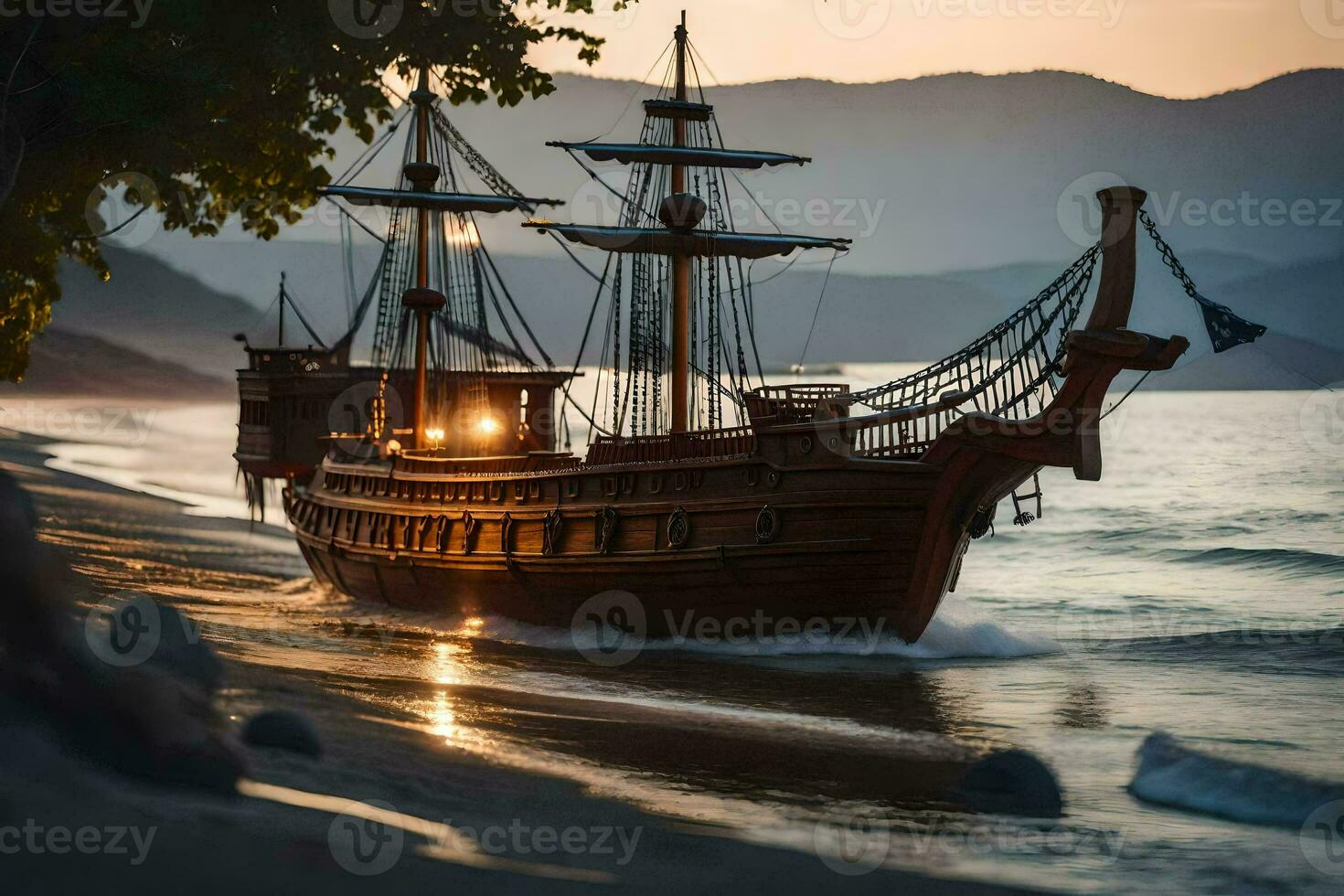 un' di legno nave su il spiaggia a tramonto. ai-generato foto