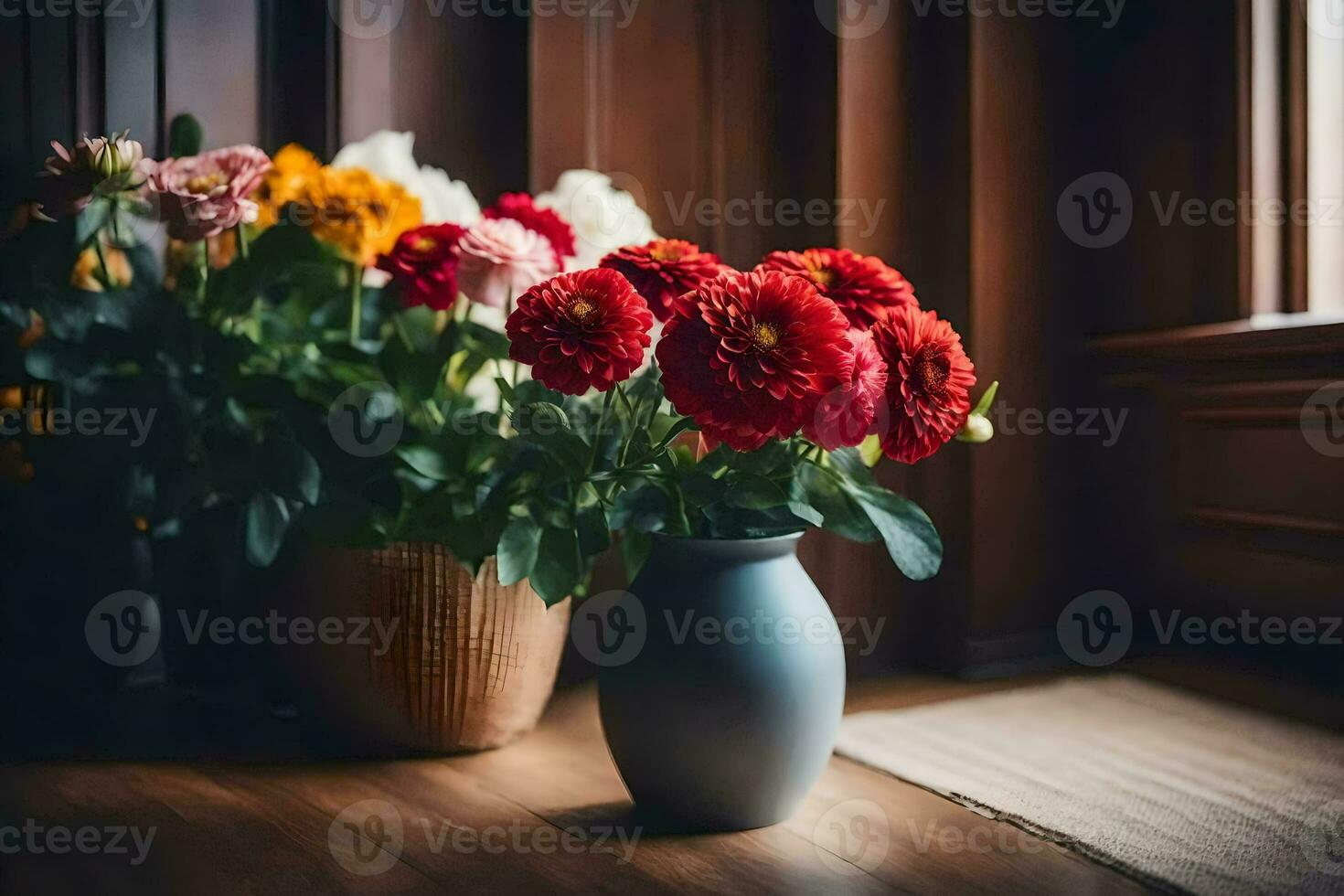 fiori nel un' vaso su un' di legno pavimento. ai-generato foto