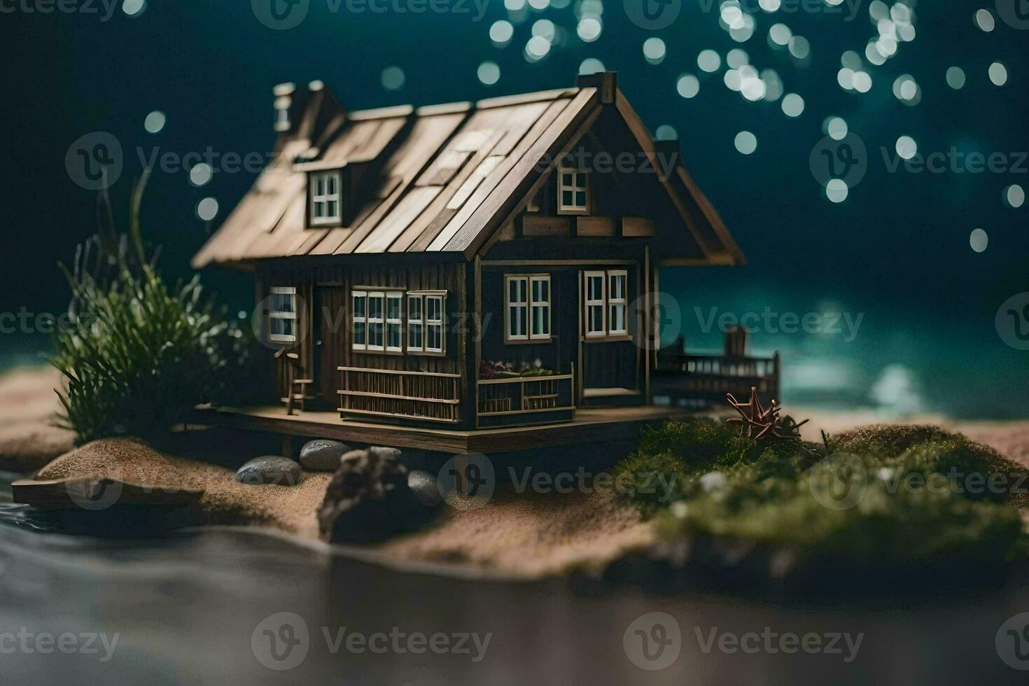 un' miniatura Casa su il riva di un' lago. ai-generato foto