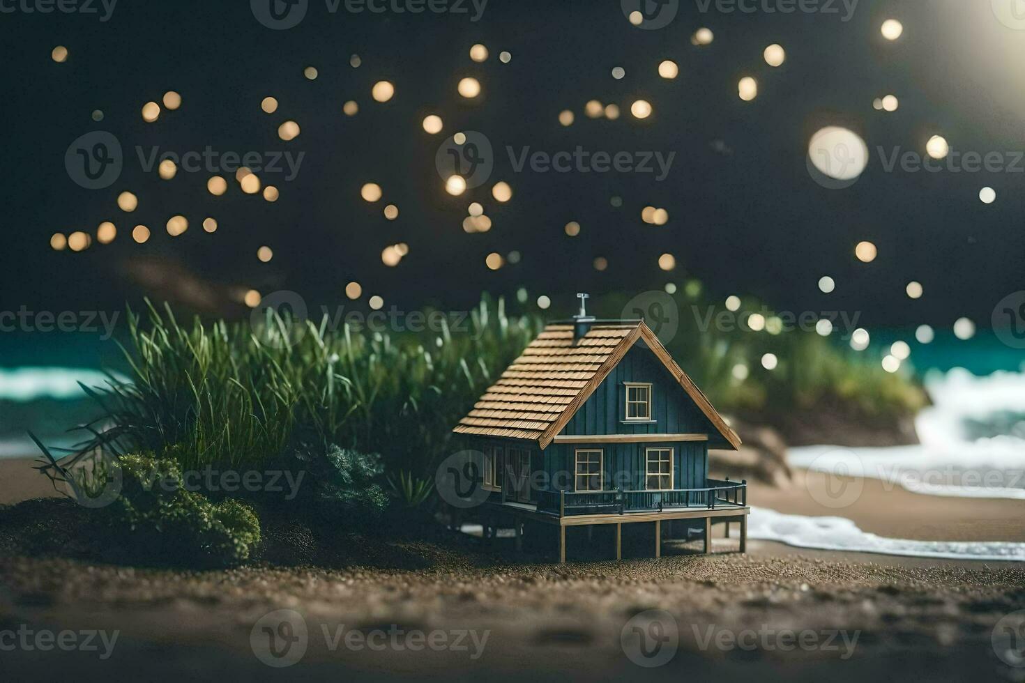 un' miniatura Casa su il spiaggia con luci. ai-generato foto