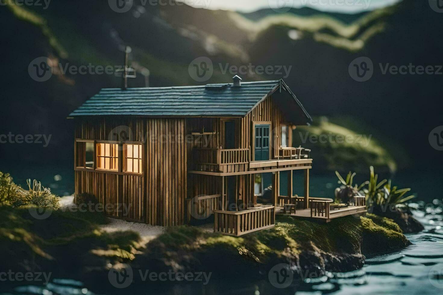 un' miniatura Casa su un' piccolo isola. ai-generato foto