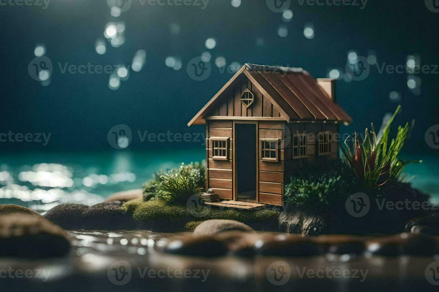 un' miniatura Casa su il rocce di il acqua. ai-generato foto