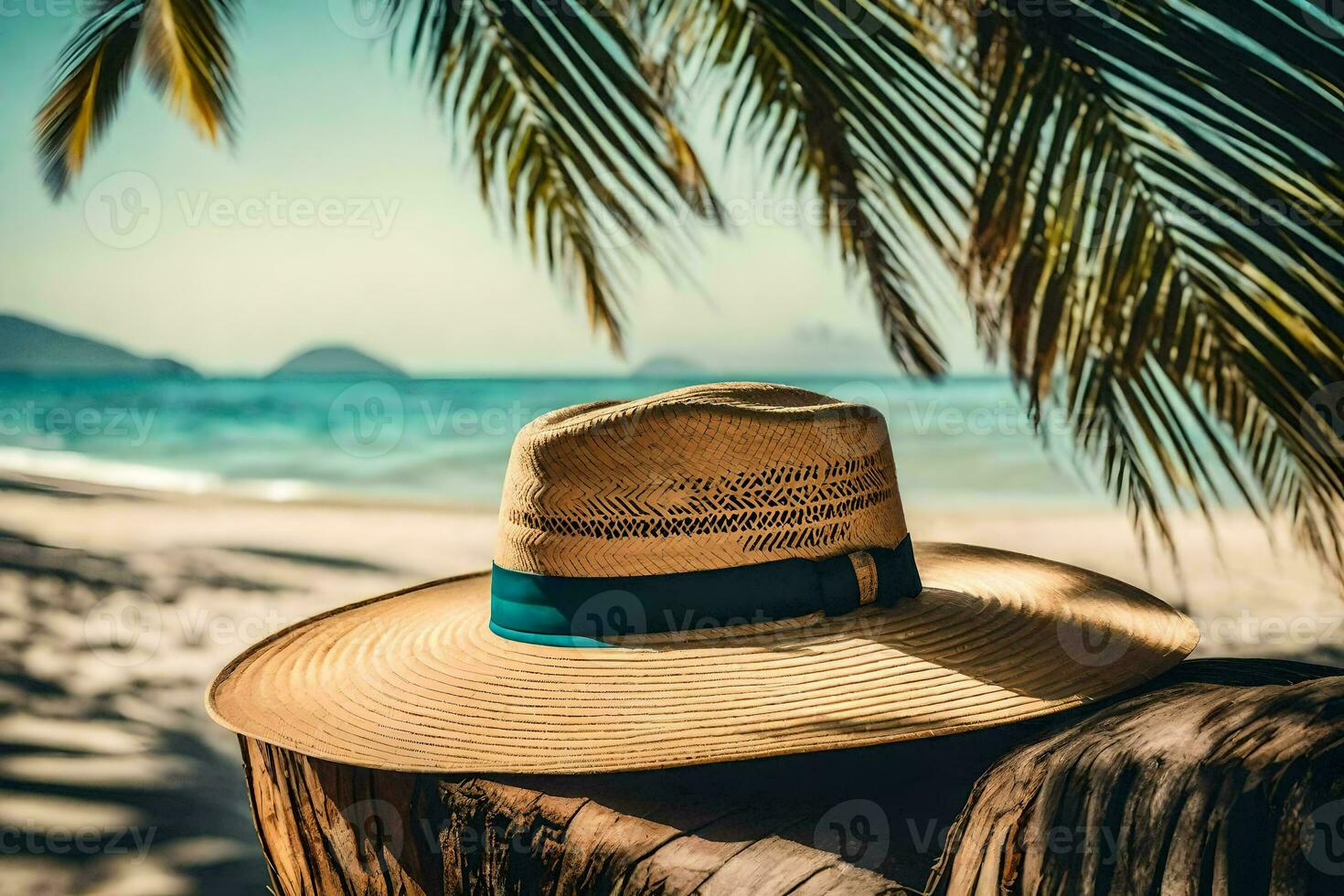 un' cappello si siede su un' albero ceppo vicino il oceano. ai-generato foto
