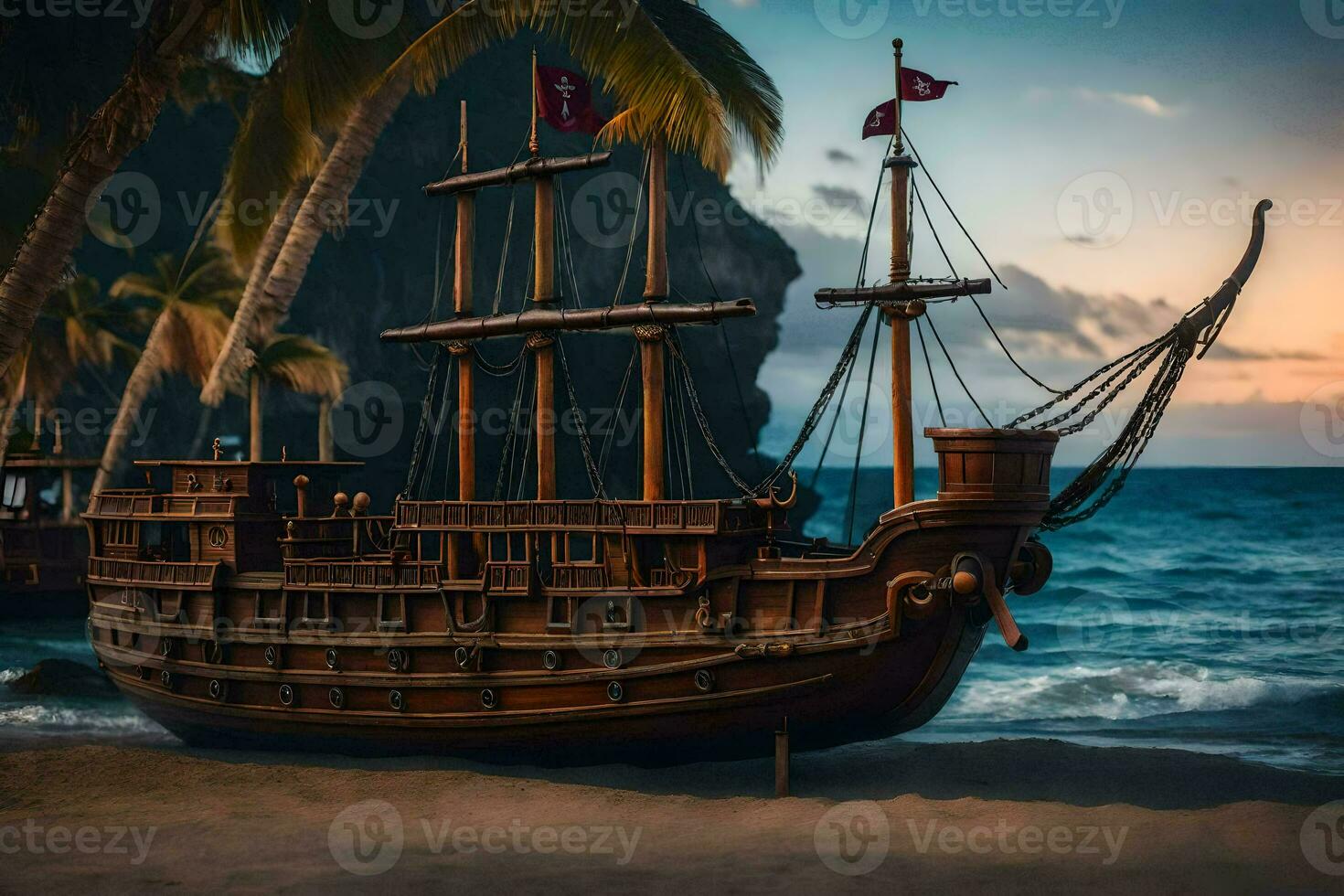 un' di legno pirata nave su il spiaggia. ai-generato foto