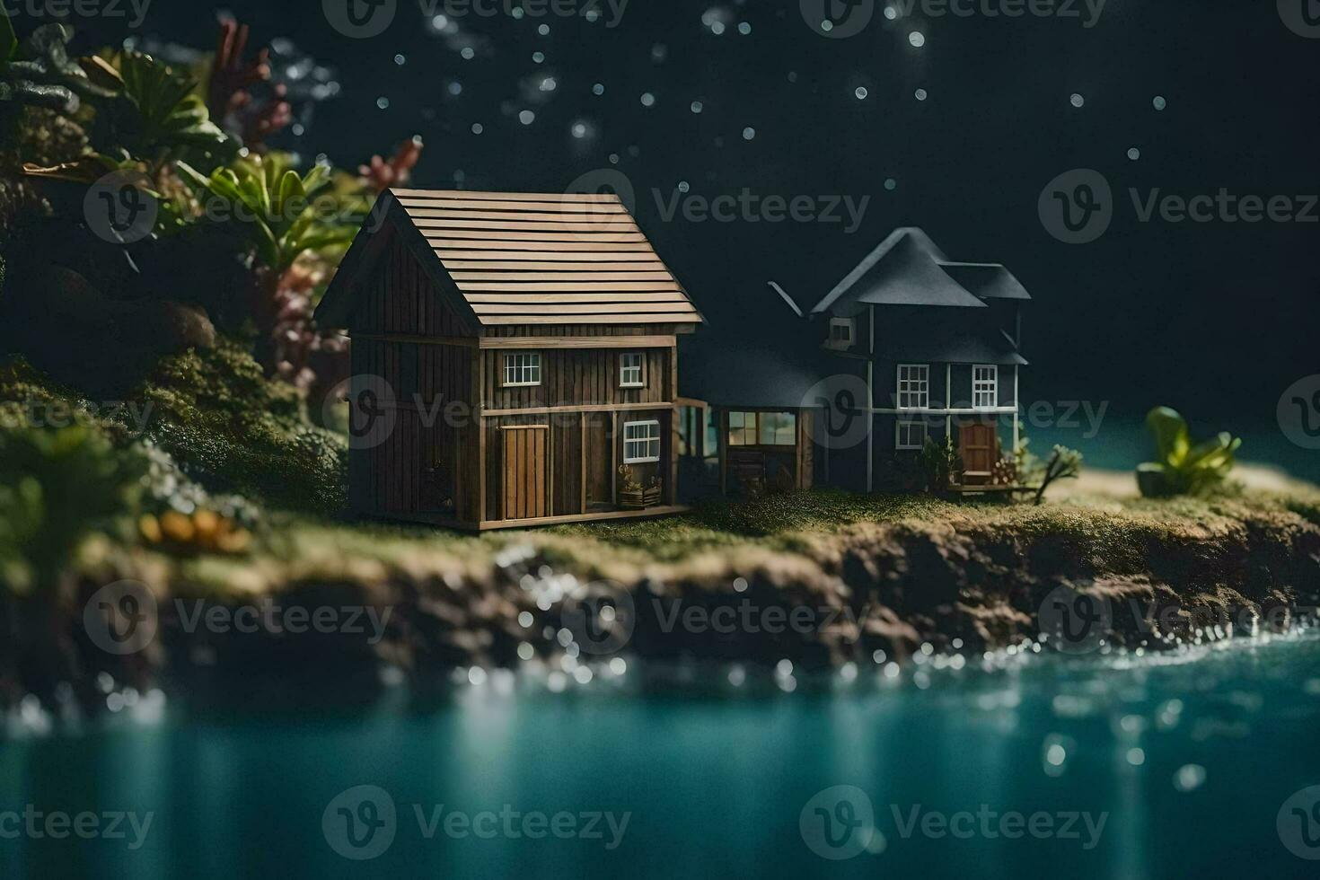 un' miniatura Casa su un' piccolo isola nel il acqua. ai-generato foto