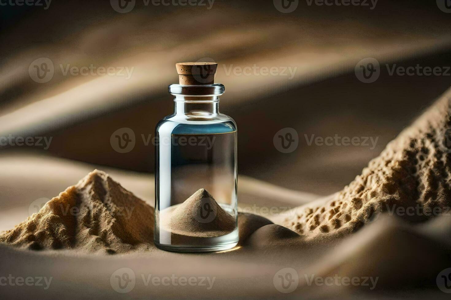 un' bottiglia di sabbia nel il deserto con sabbia. ai-generato foto