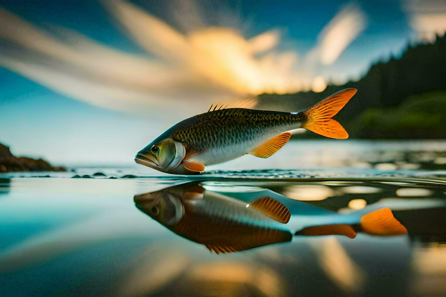un' pesce è riflessa nel il acqua a tramonto. ai-generato foto