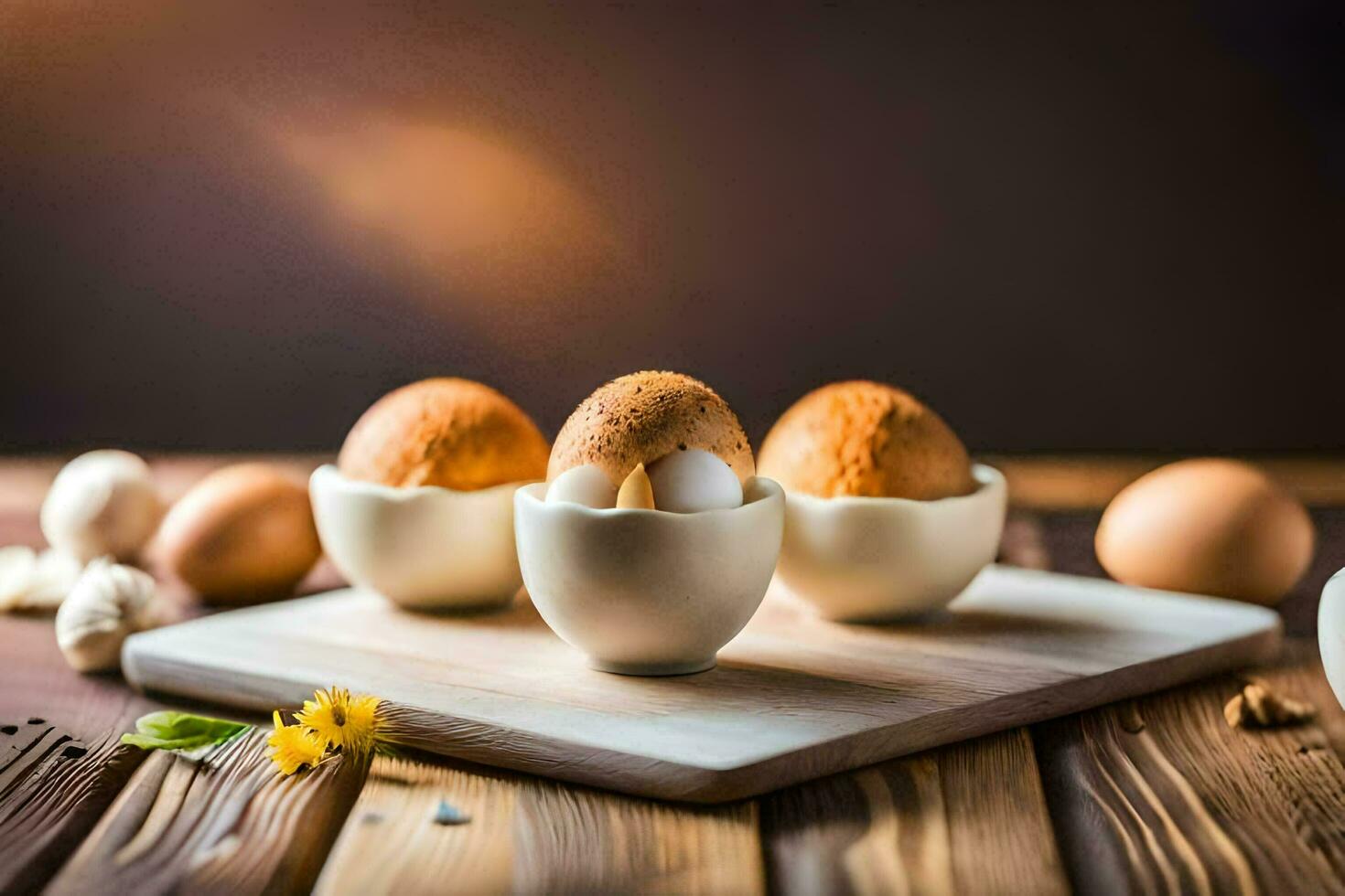 uova nel un uovo tazza su un' di legno tavolo. ai-generato foto