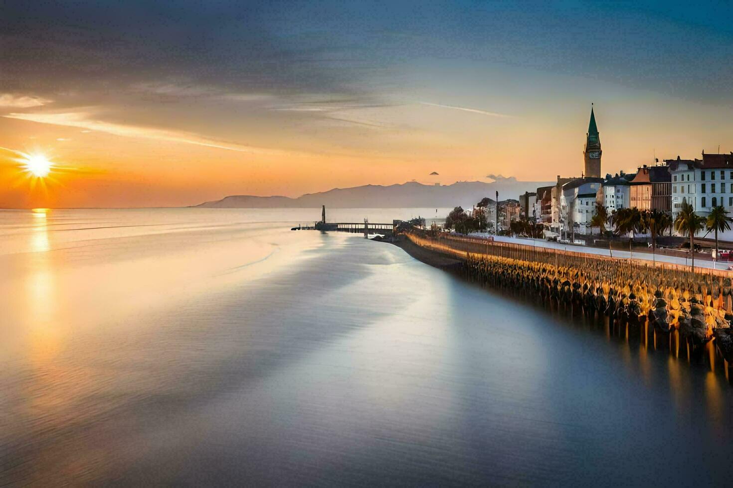 il sole imposta al di sopra di il acqua e edifici nel un' città. ai-generato foto