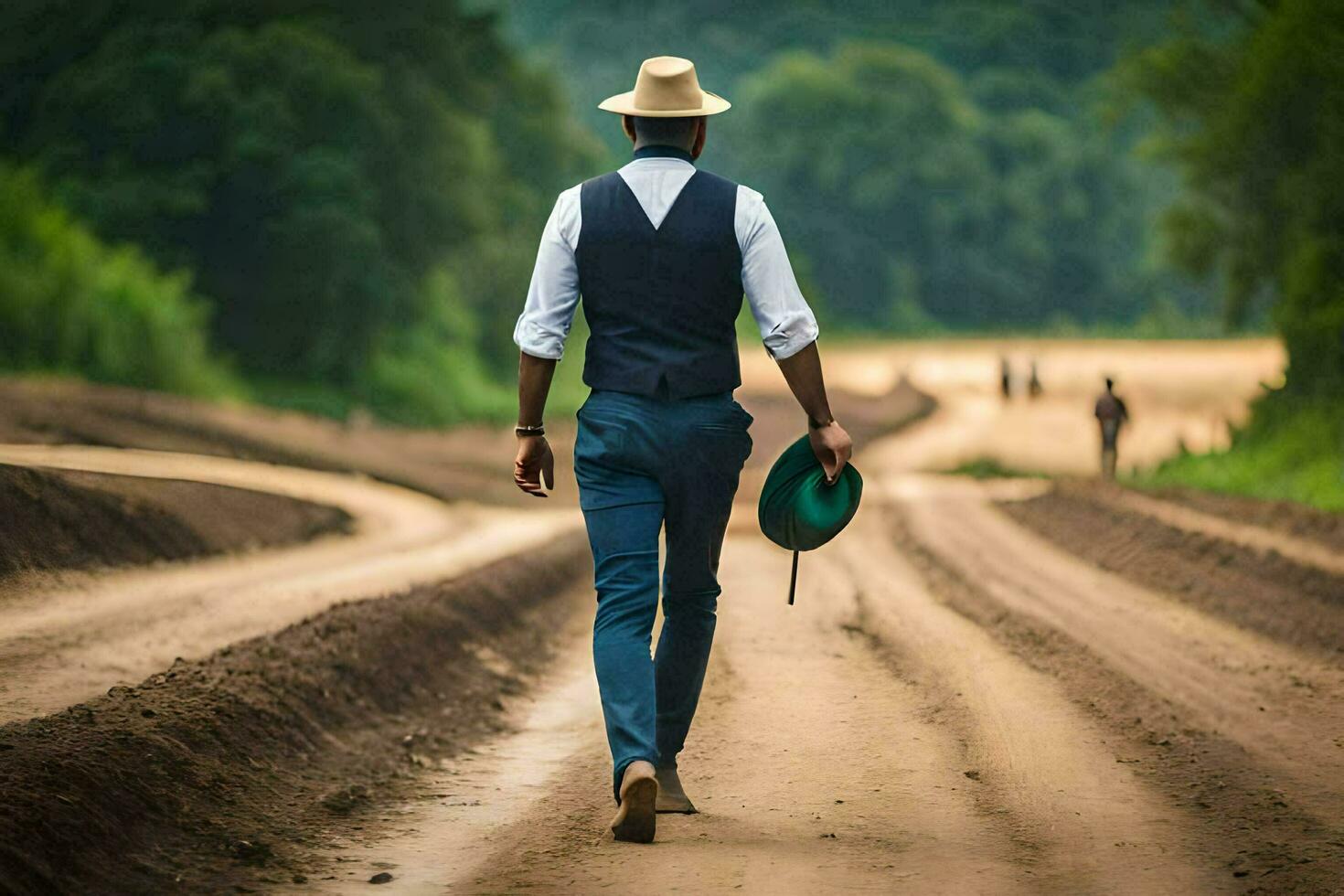 un' uomo nel un' cappello e veste a piedi giù un' sporco strada. ai-generato foto