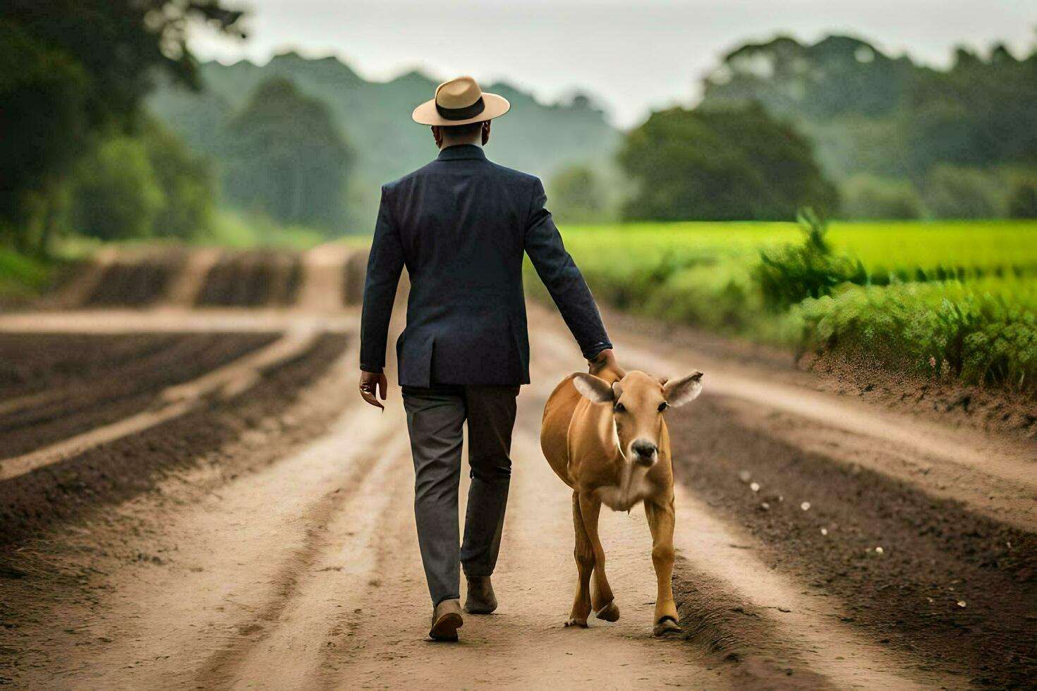 un' uomo nel un' completo da uomo passeggiate giù un' sporco strada con un' mucca. ai-generato foto