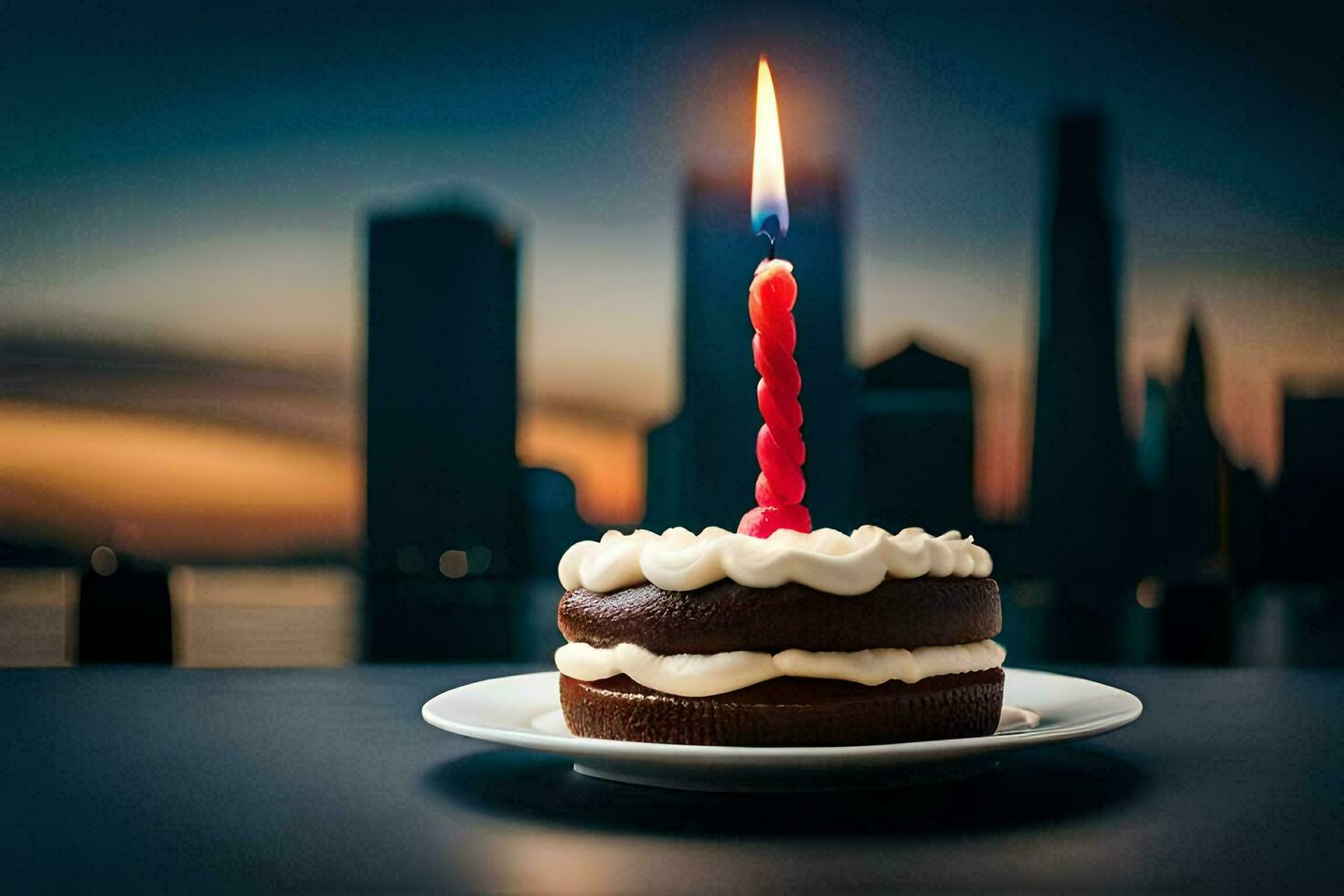 un' compleanno torta con un' singolo candela su superiore. ai-generato foto