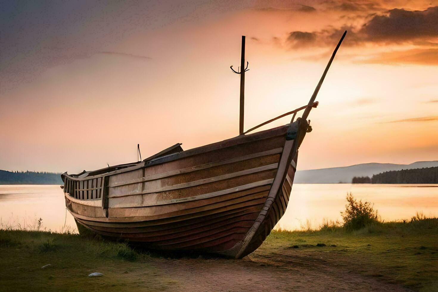 un' barca si siede su il riva a tramonto. ai-generato foto