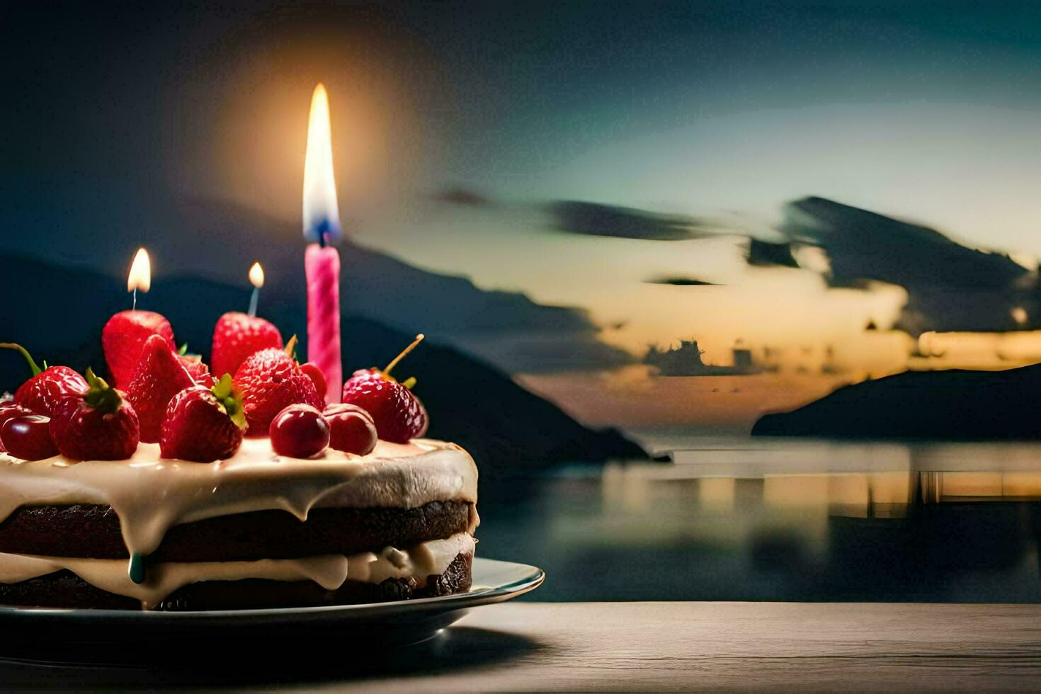 un' torta con fragole e un' illuminato candela su superiore. ai-generato foto