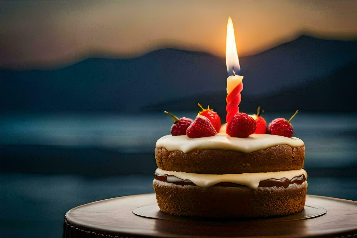 un' compleanno torta con un' singolo candela su superiore. ai-generato foto