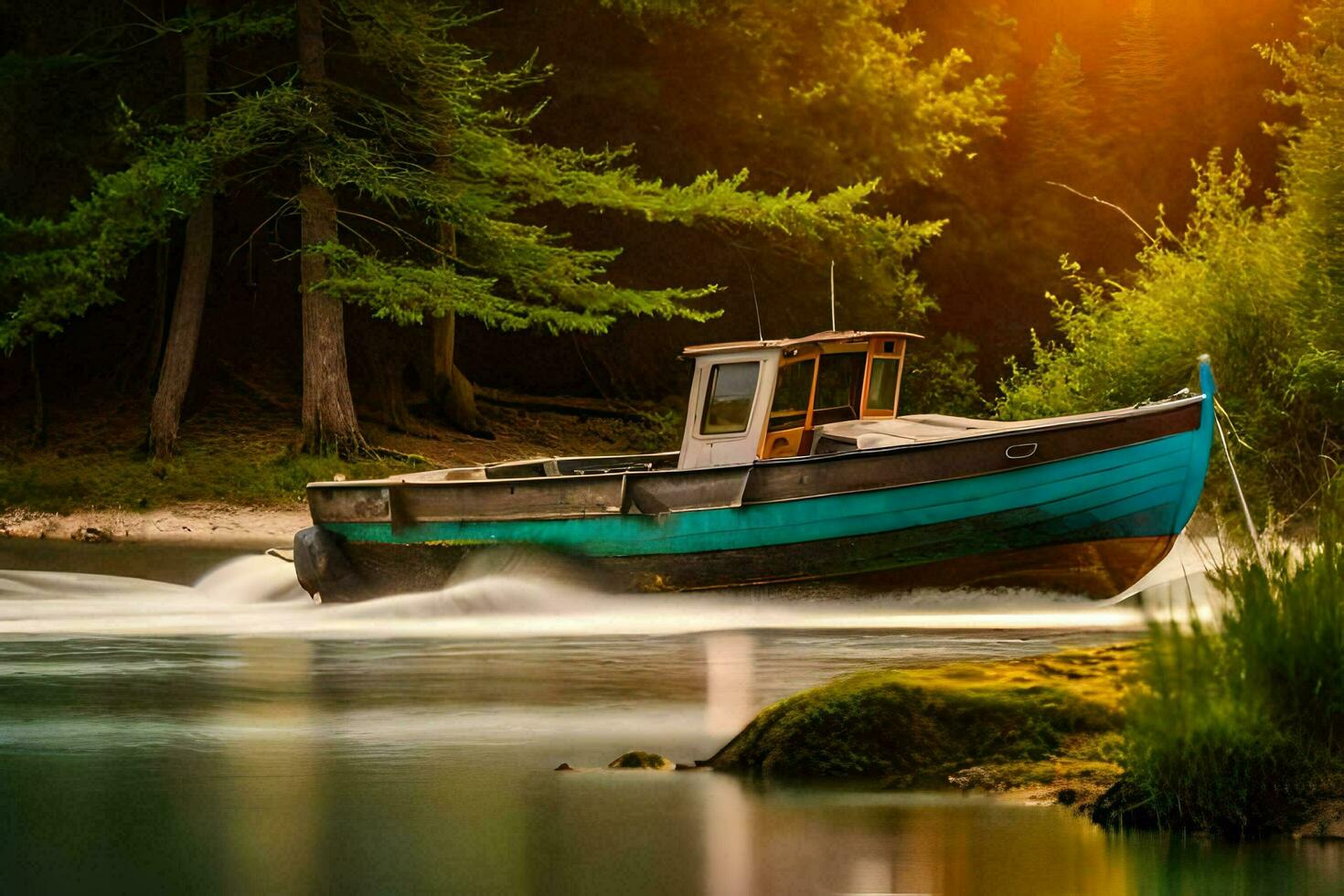 un' barca su il fiume a tramonto. ai-generato foto