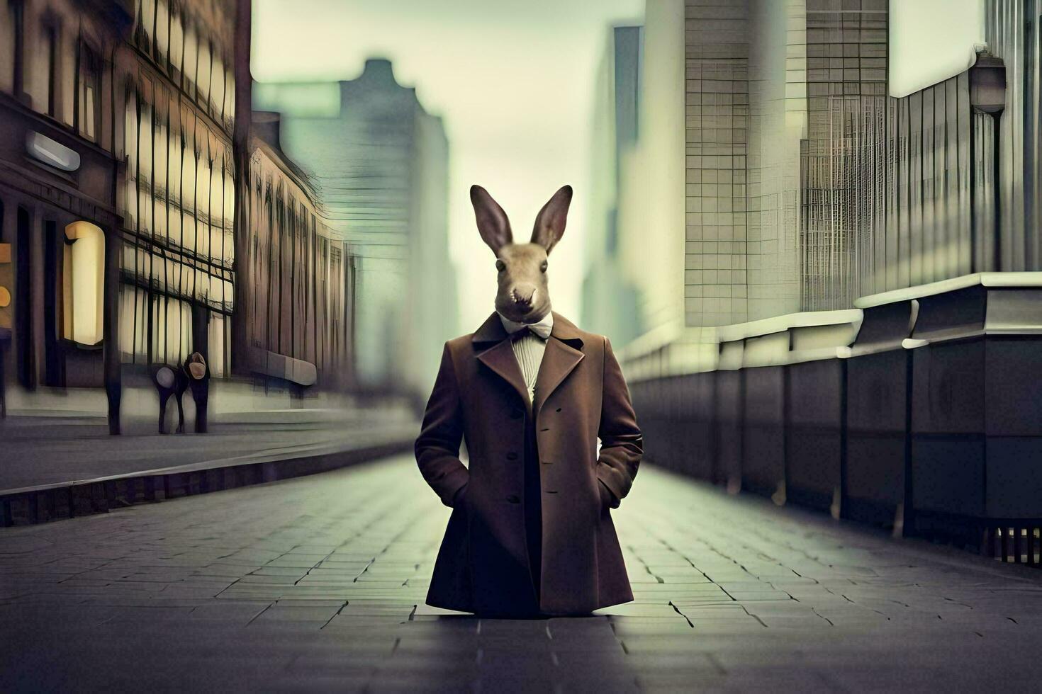 un' coniglio indossare un' completo da uomo e cravatta nel il mezzo di un' città strada. ai-generato foto