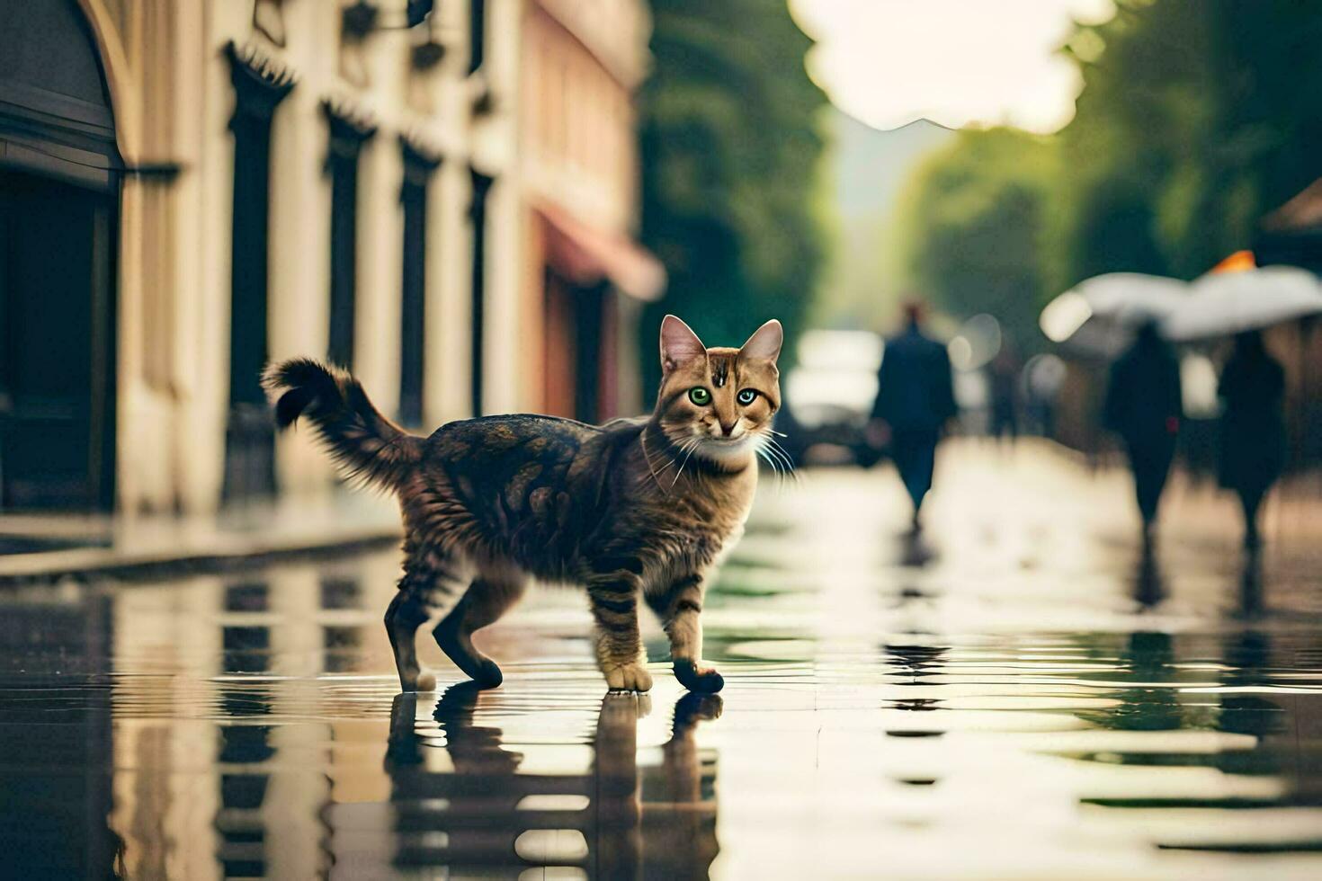 un' gatto a piedi su un' bagnato strada nel il pioggia. ai-generato foto