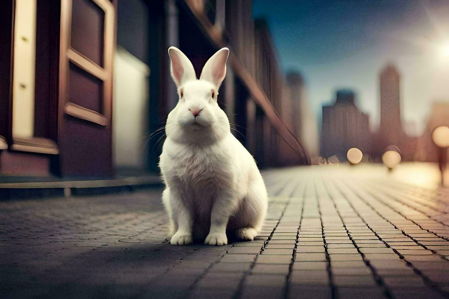 bianca coniglio seduta su il strada nel davanti di città edifici. ai-generato foto