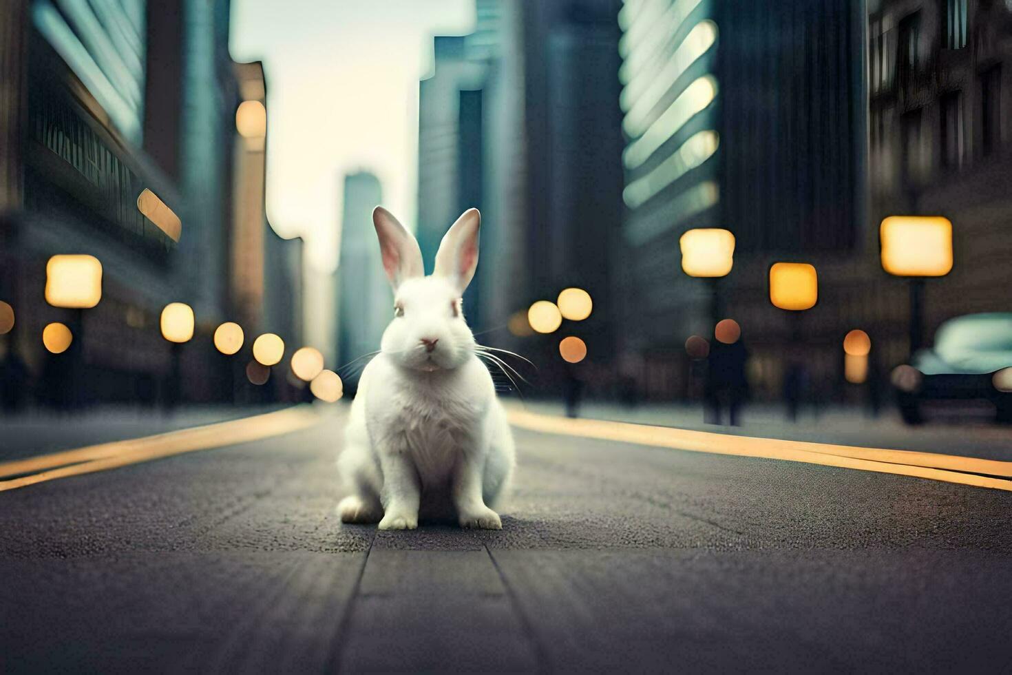 un' bianca coniglio è seduta su il strada nel un' città. ai-generato foto