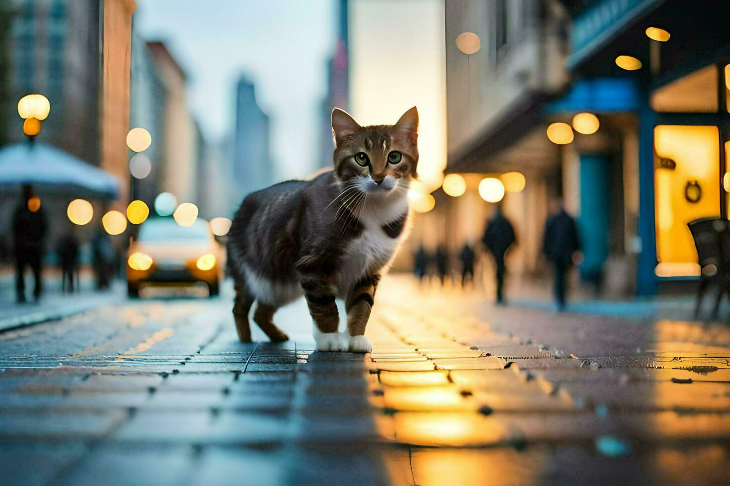 un' gatto a piedi su un' città strada a crepuscolo. ai-generato foto