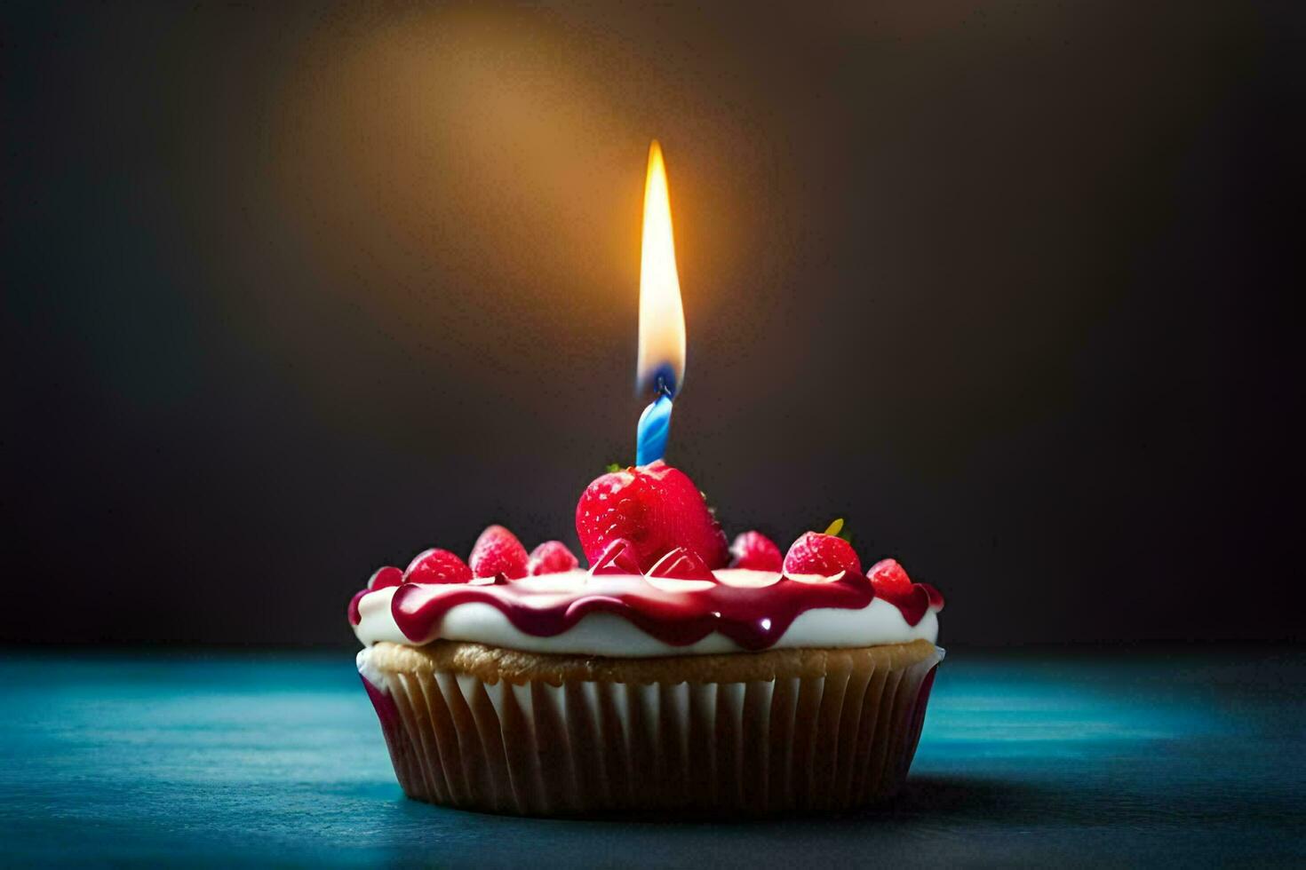 un' Cupcake con un' singolo candela su superiore. ai-generato foto