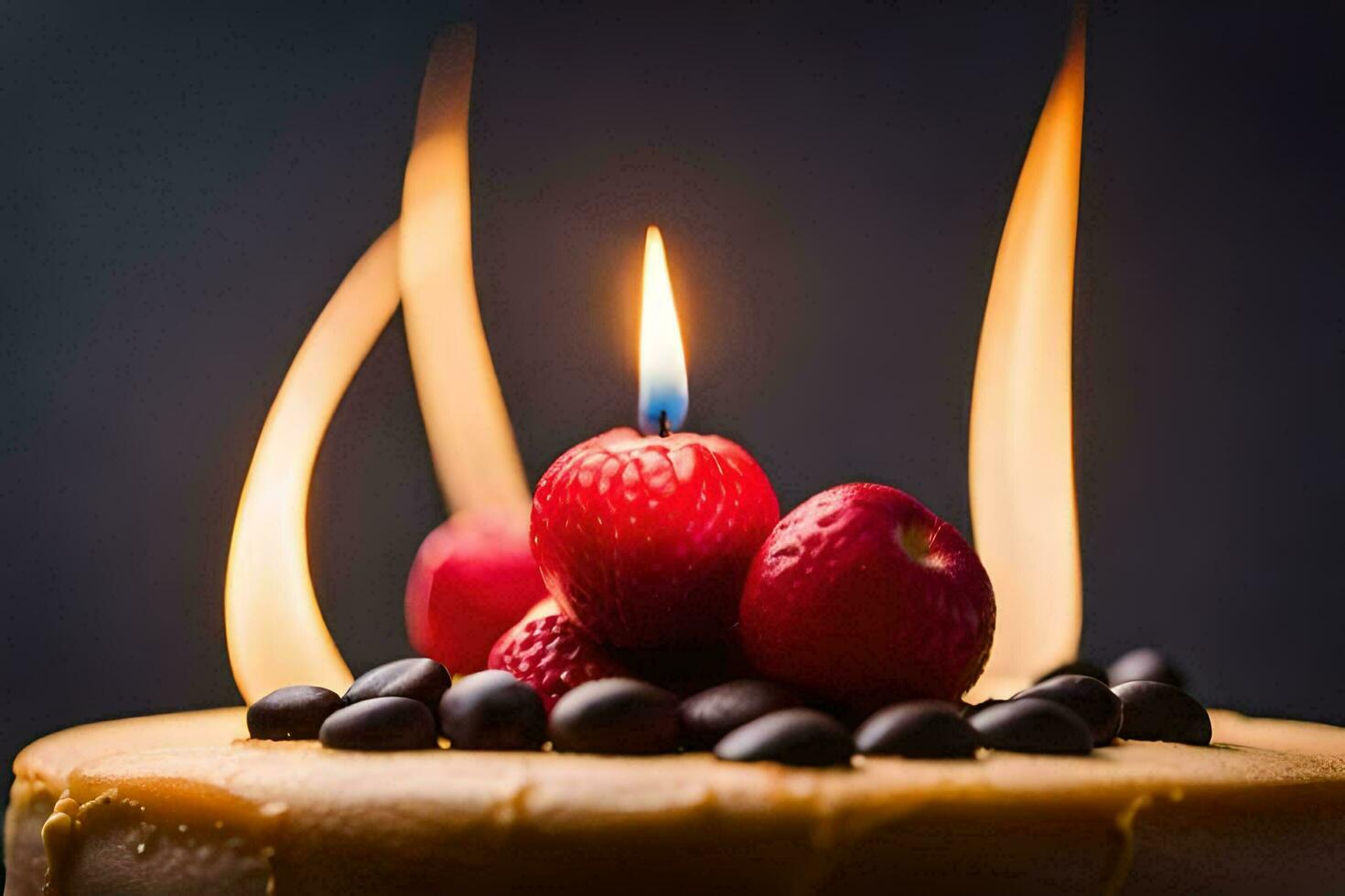 un' compleanno torta con un' candela e frutti di bosco. ai-generato foto
