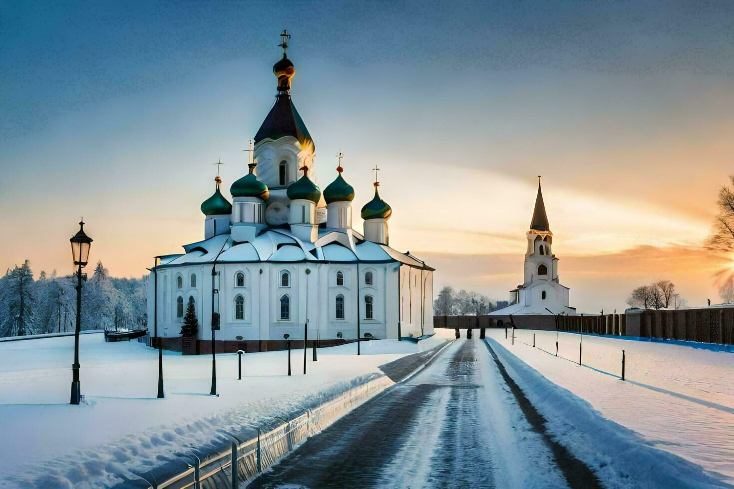 un' Chiesa nel il neve con un' sole ambientazione dietro a esso. ai-generato foto