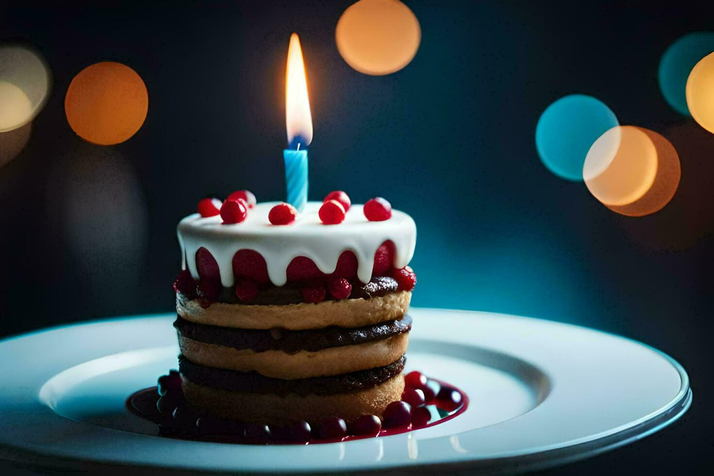 un' compleanno torta con un' illuminato candela. ai-generato foto