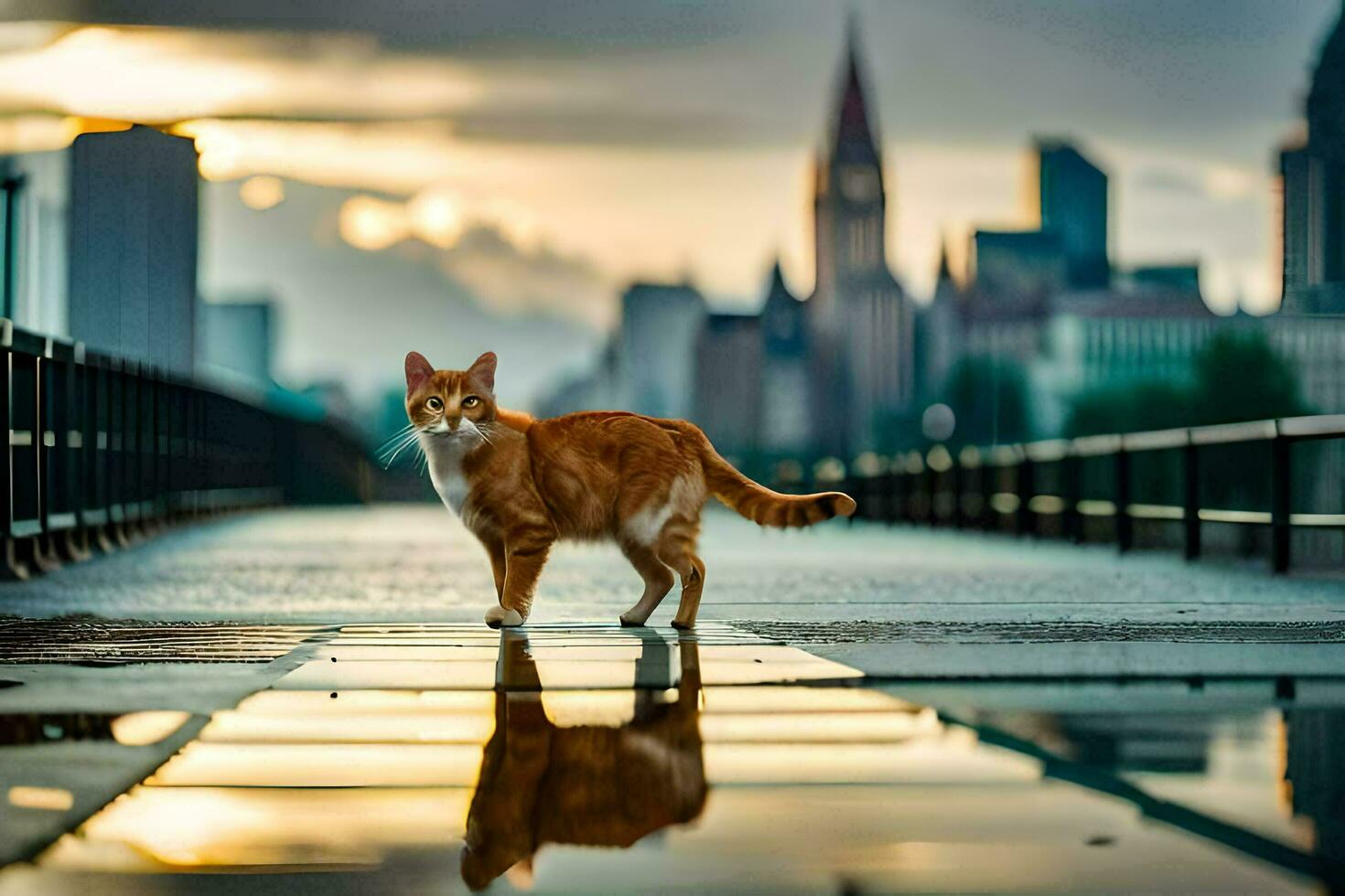 un' gatto a piedi su un' ponte con un' città nel il sfondo. ai-generato foto