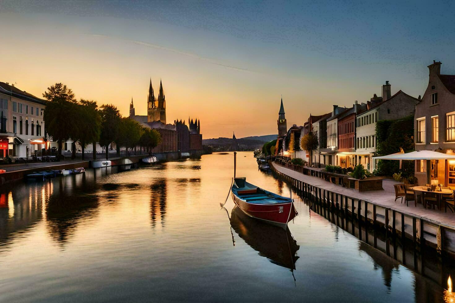 un' canale nel Bruges a tramonto. ai-generato foto