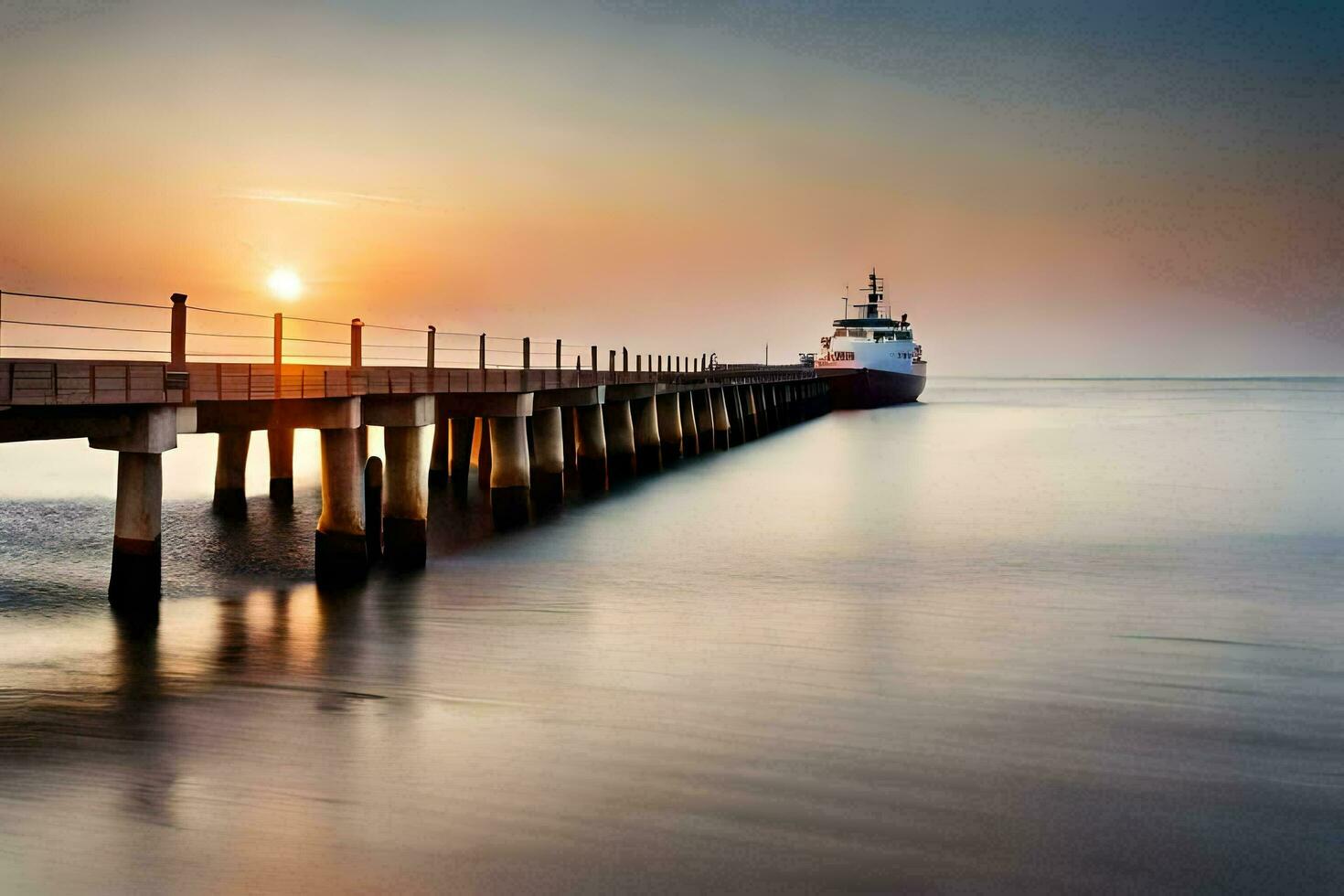 un' lungo esposizione fotografia di un' barca su un' molo a tramonto. ai-generato foto