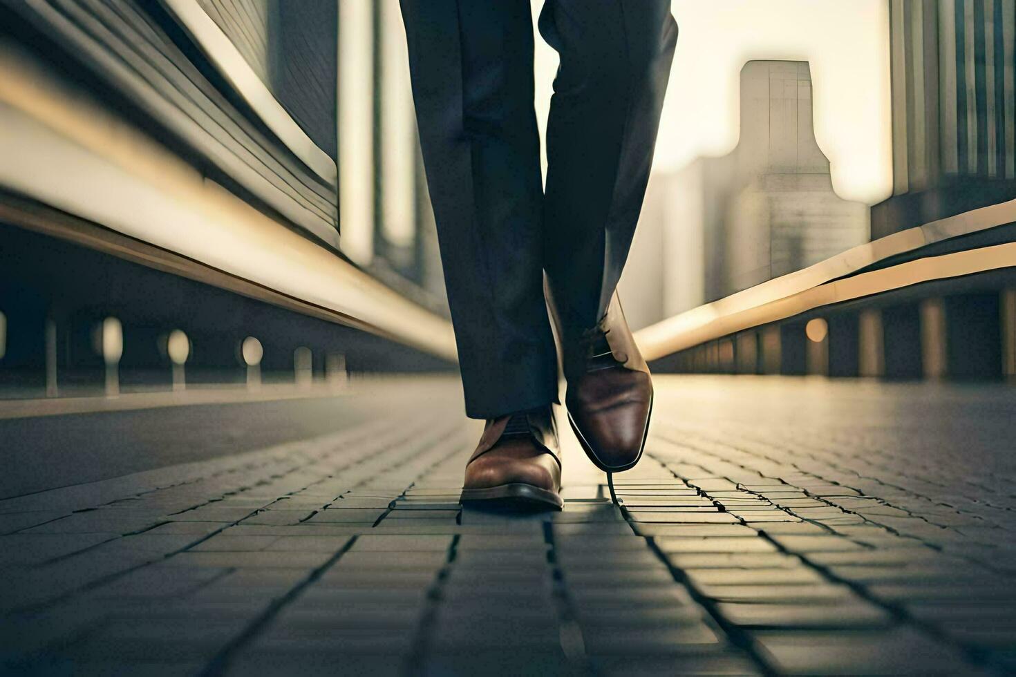un' persona a piedi su un' mattone passerella con città orizzonte nel il sfondo. ai-generato foto