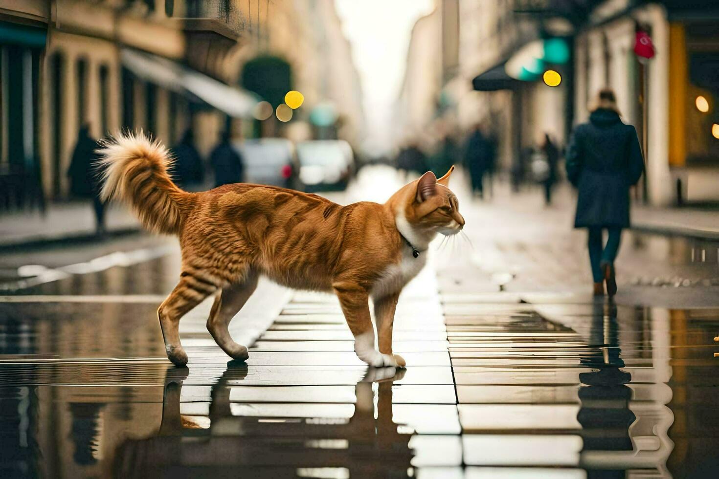 un arancia gatto a piedi attraverso un' bagnato strada. ai-generato foto