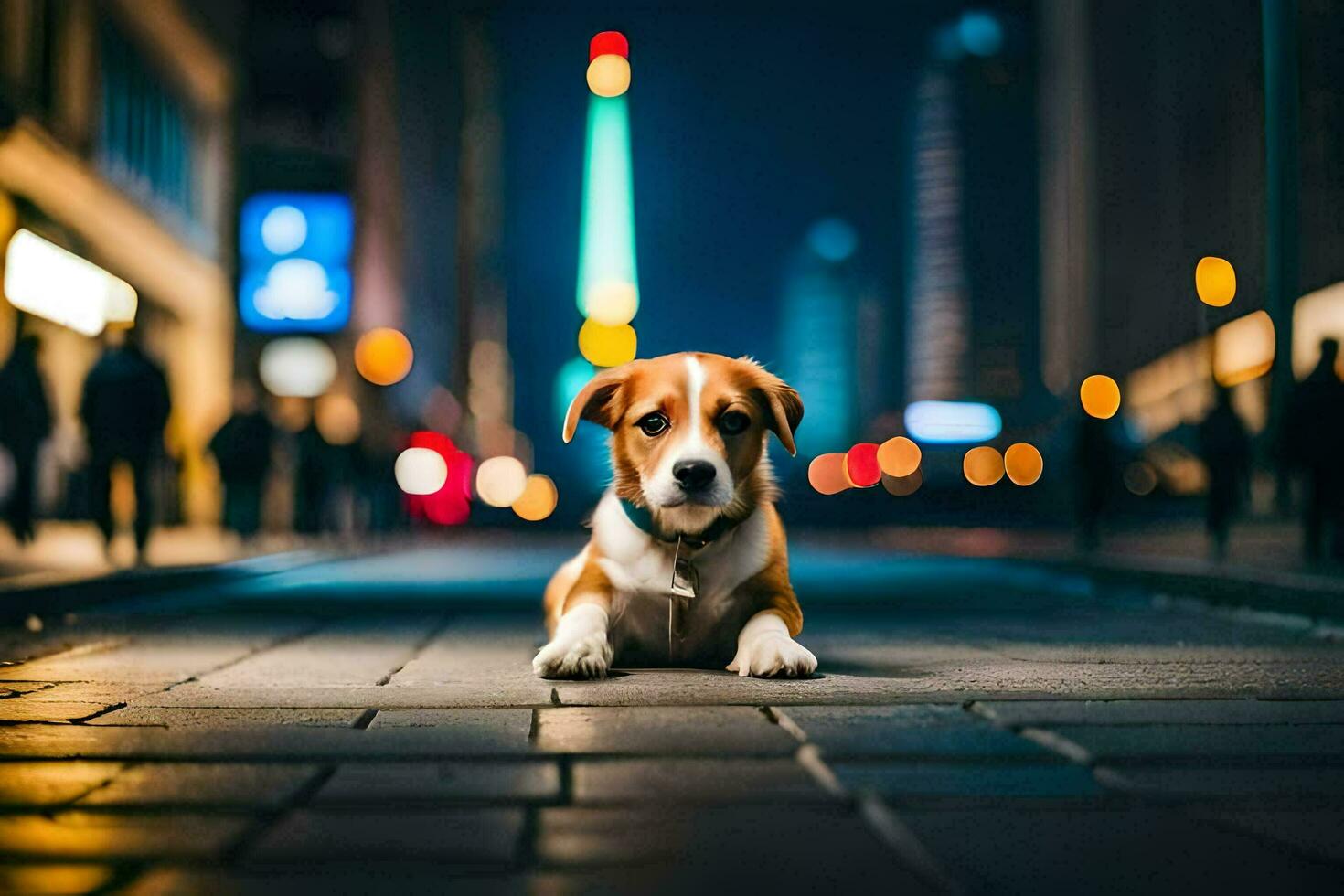 un' cane seduta su il strada a notte. ai-generato foto