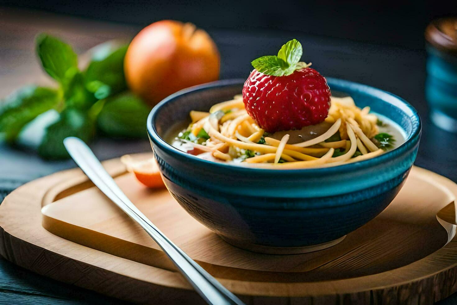 un' ciotola di pasta con un' fragola su superiore. ai-generato foto