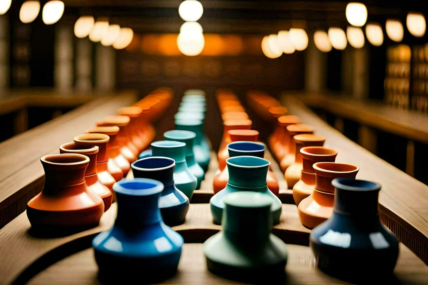 un' riga di colorato vasi su un' di legno tavolo. ai-generato foto
