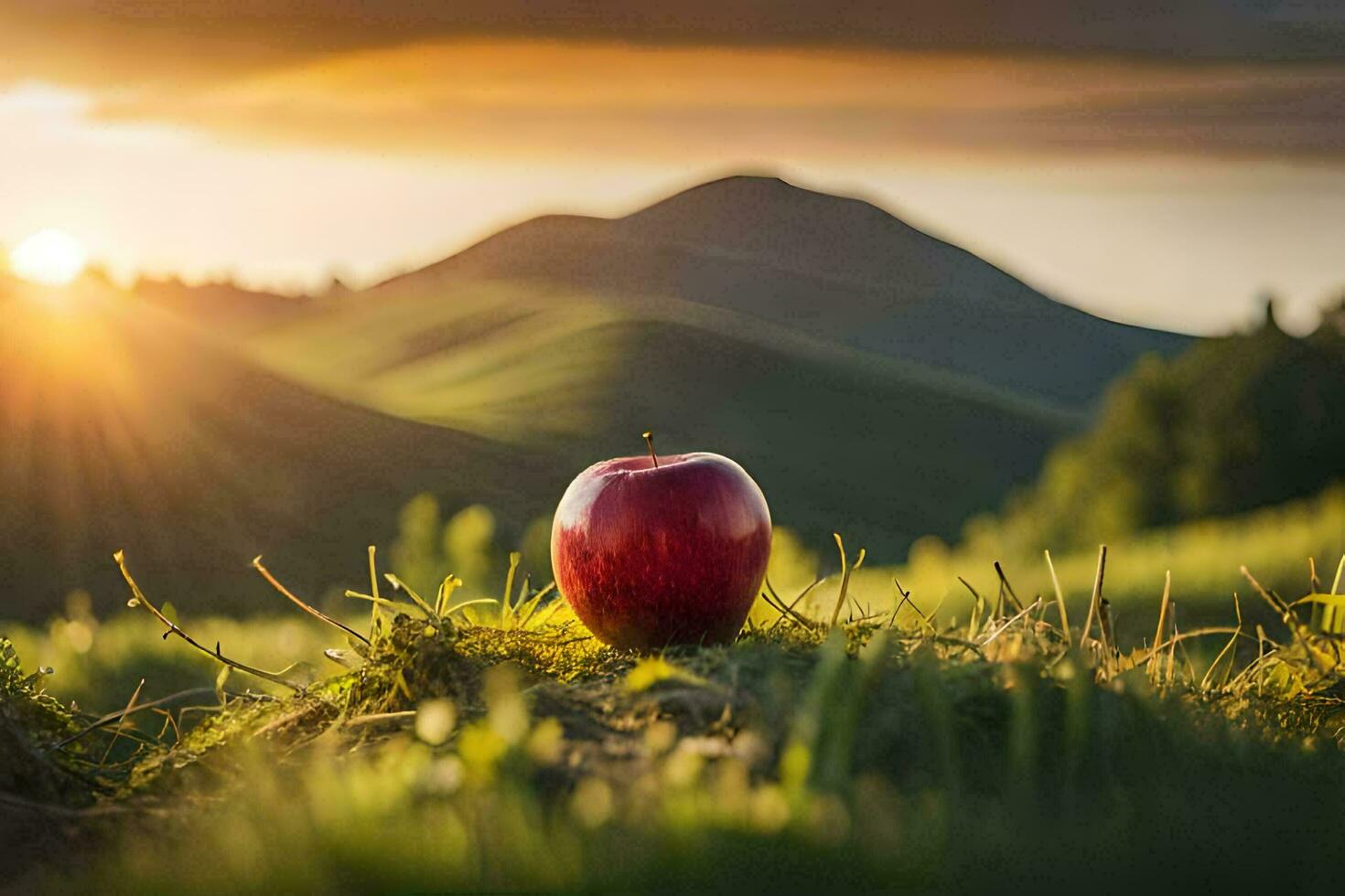 un' rosso Mela nel il montagne. ai-generato foto