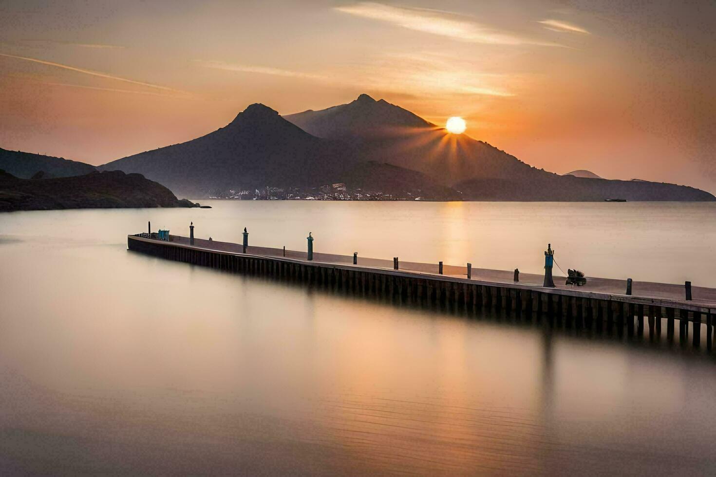 il sole sorge al di sopra di un' molo nel il oceano. ai-generato foto