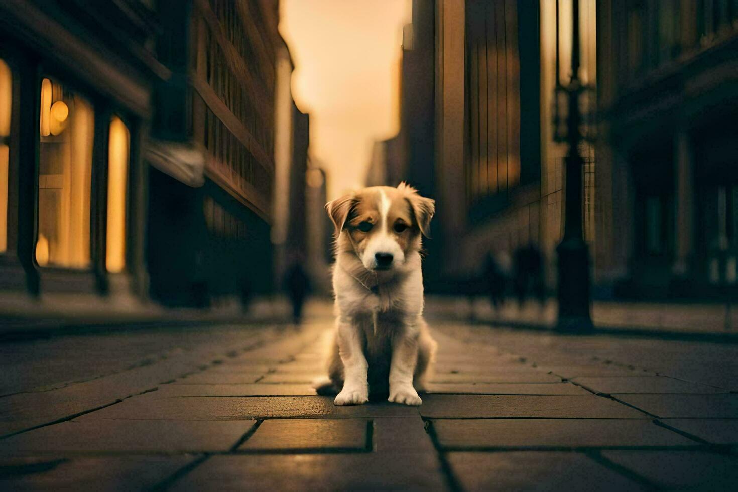 un' cane seduta su il strada nel un' città. ai-generato foto
