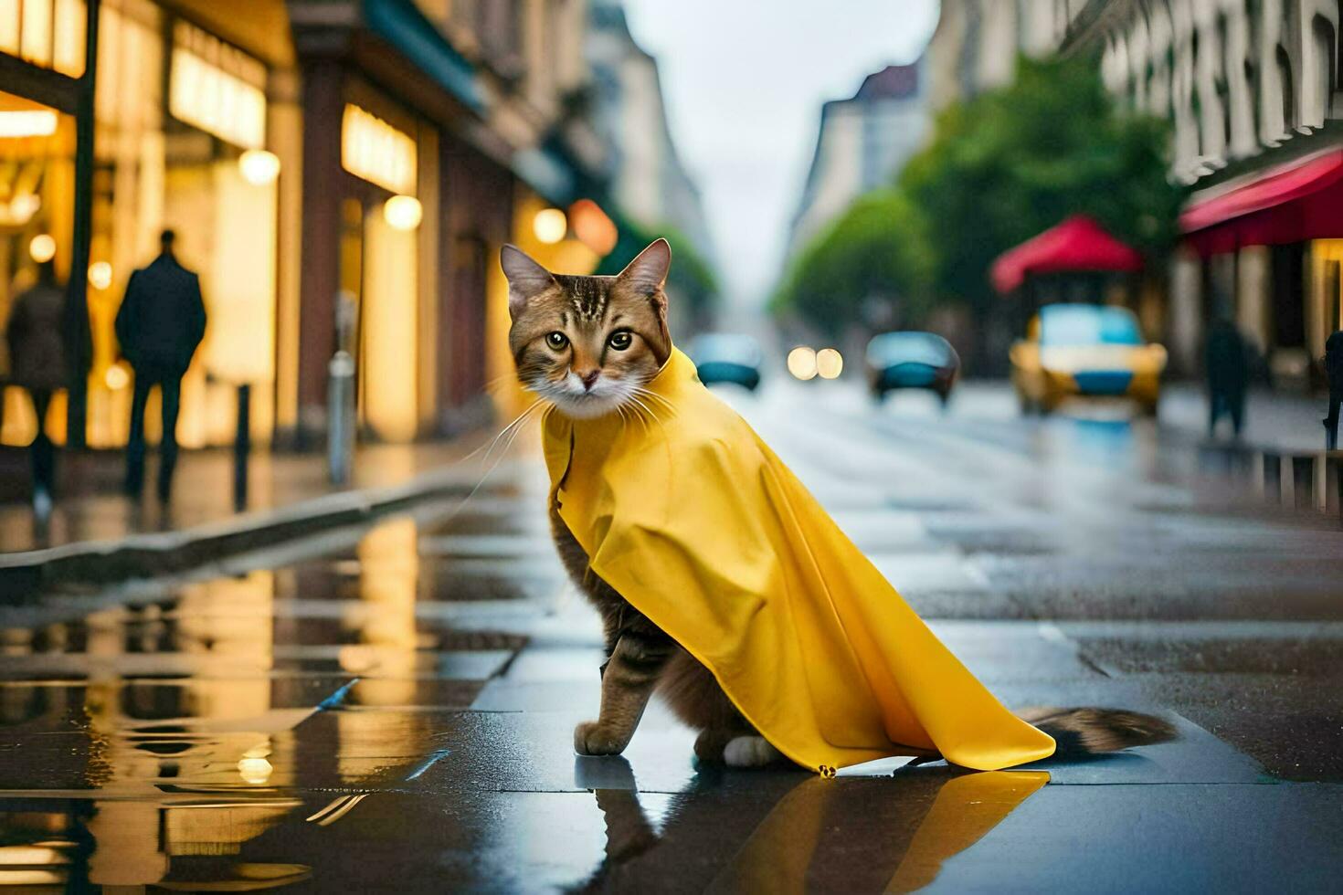 un' gatto indossare un' giallo capo su un' piovoso strada. ai-generato foto