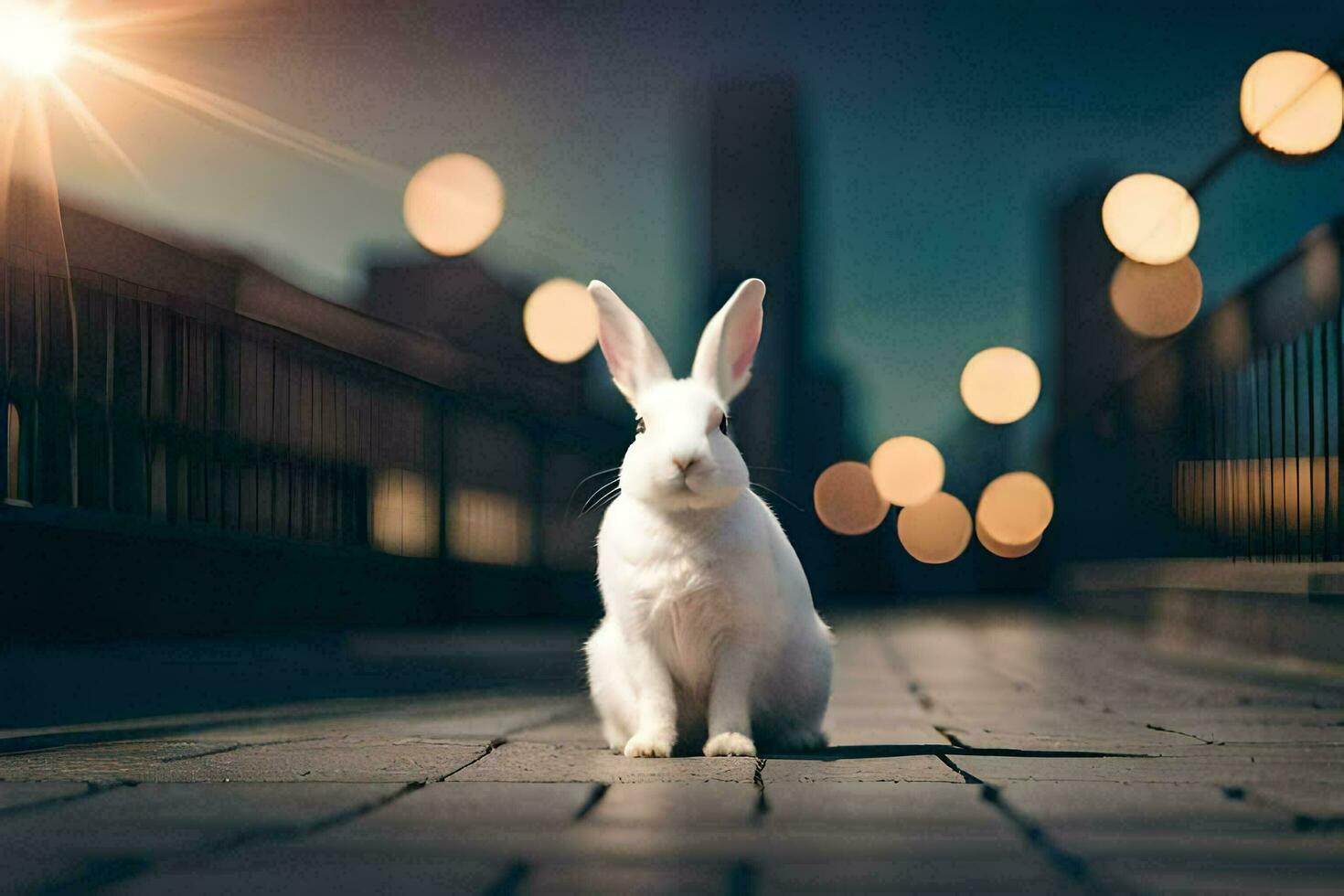 bianca coniglio seduta su un' ponte nel davanti di città luci. ai-generato foto